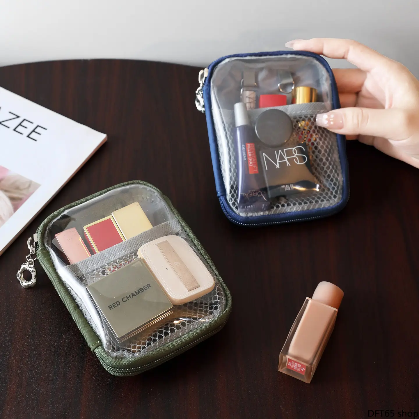 Portable Mini Cosmetic Pouch With Divided Compartments Light Smooth Water Resistant Fabric Compact Carry Design For Storing Lipstick Skincare Travel Business Trip Daily Make Up Sorting Storage Bag Accessory