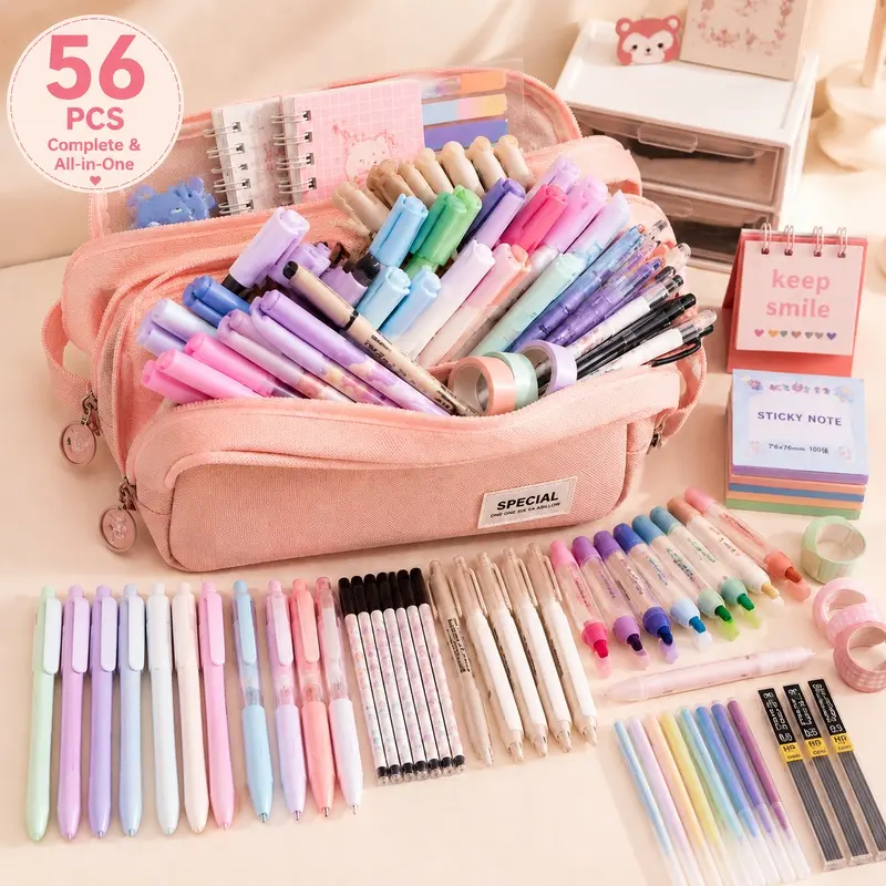 56PCS Stationery Kit with Pencil Case, Complete School & Office Supplies Set Including Smooth Writing Pens, Gel Ink Pens, Mechanical Pencils, Colorful Highlighters, Erasers and Practical Desk Essentials for Organized Work and Daily Use