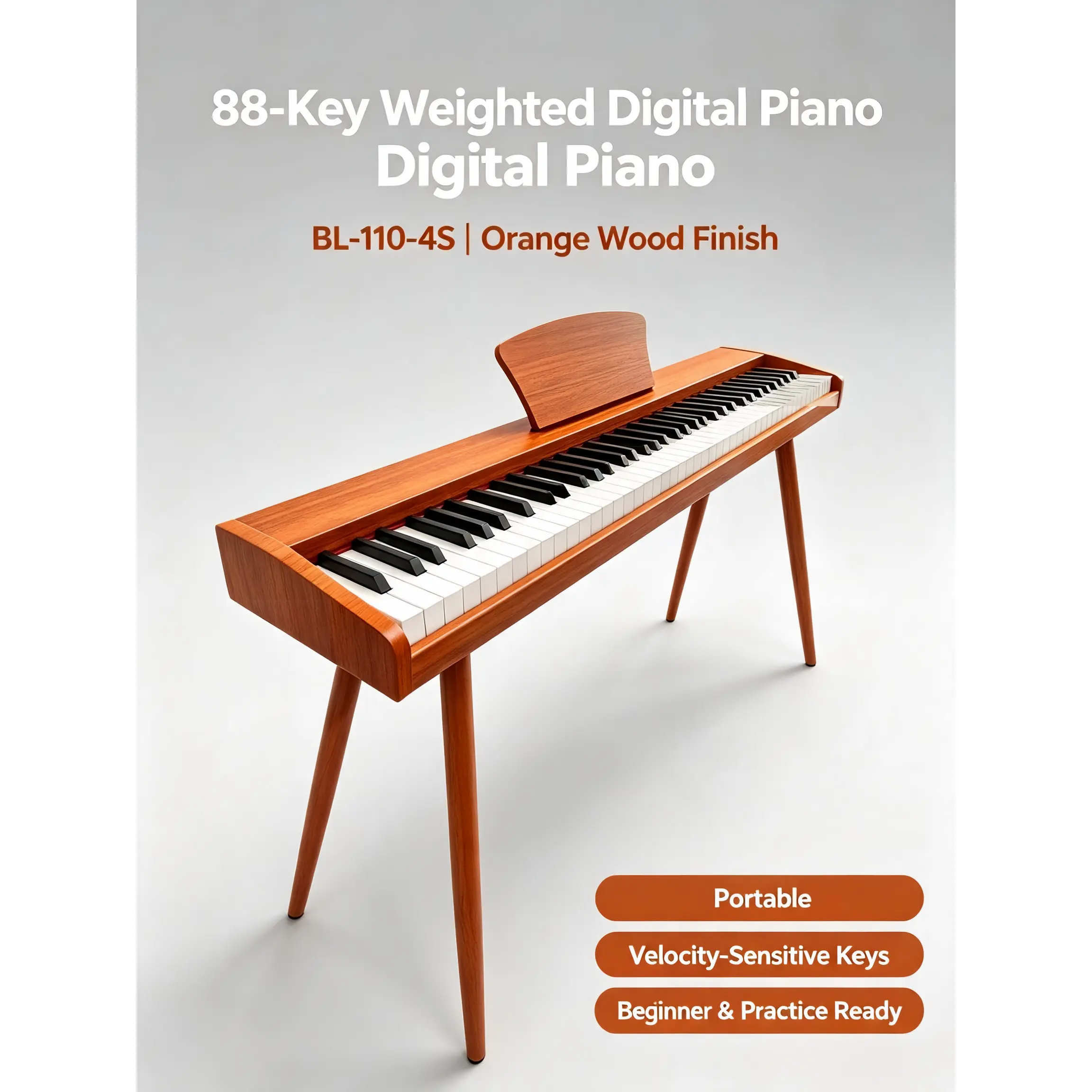 88-Key Weighted Digital Piano BL-110-4S | Orange Wood Finish | Portable Velocity-Sensitive Keyboard for Beginners, Practice & Live Performance
