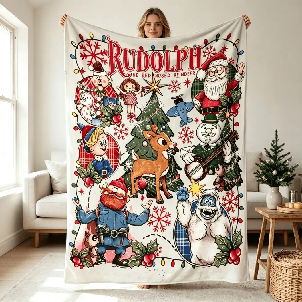Rudolph The Red Nosed Reindeer Christmas Flannel Blanket, Soft Lightweight Cozy Throw Blanket, Kids Blanket Adult Blanket for Sofa Bed AC Blanket Winter Holiday Home Decor, Movie Night Family Gift, Christmas Party New Year Eve Blanket