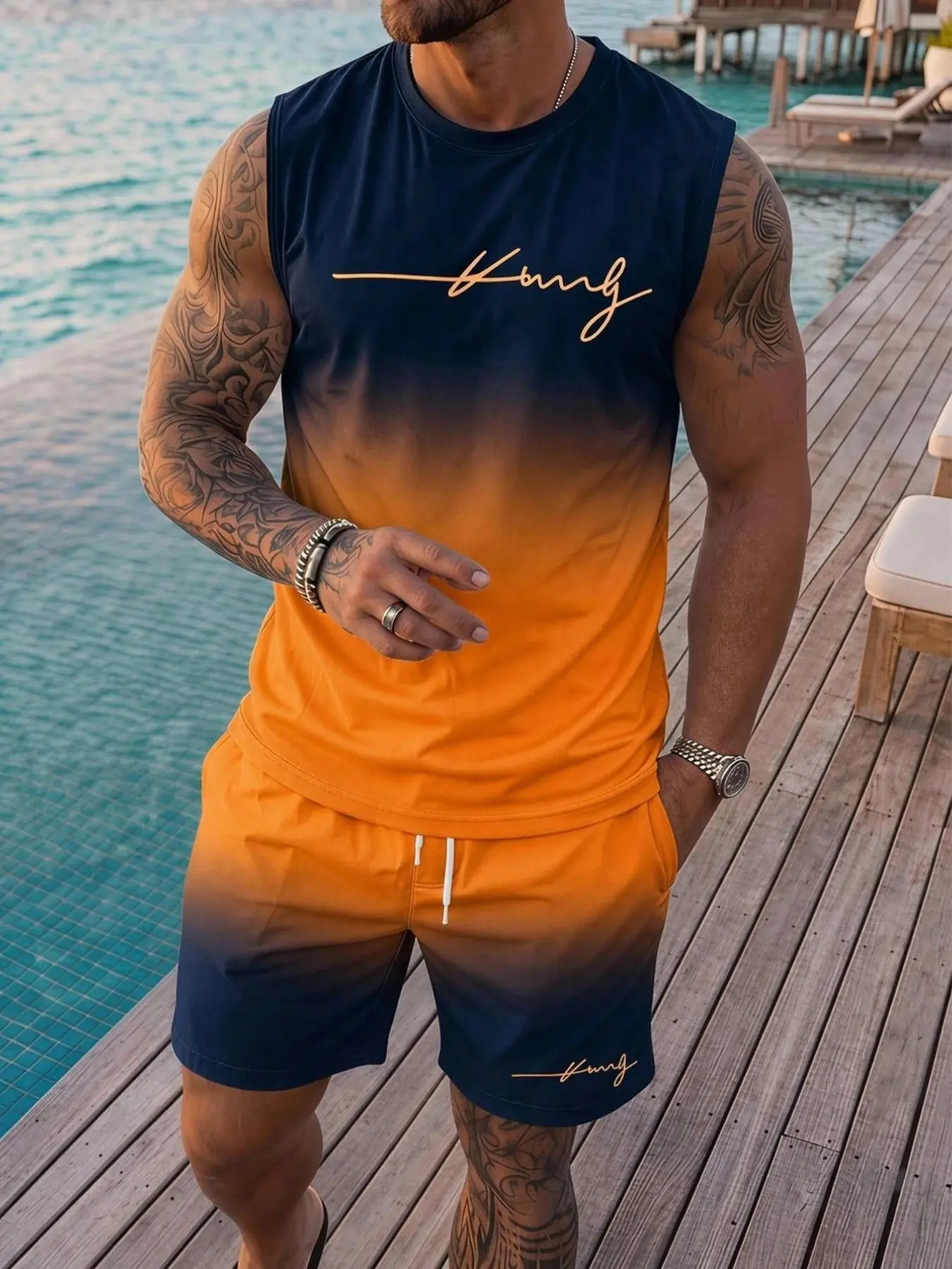 Men Gradient Ombre king Letter Print 2 Piece Outfit Sleeveless Tank Top Drawstring Shorts Summer Beach Casual Co Ord Set
