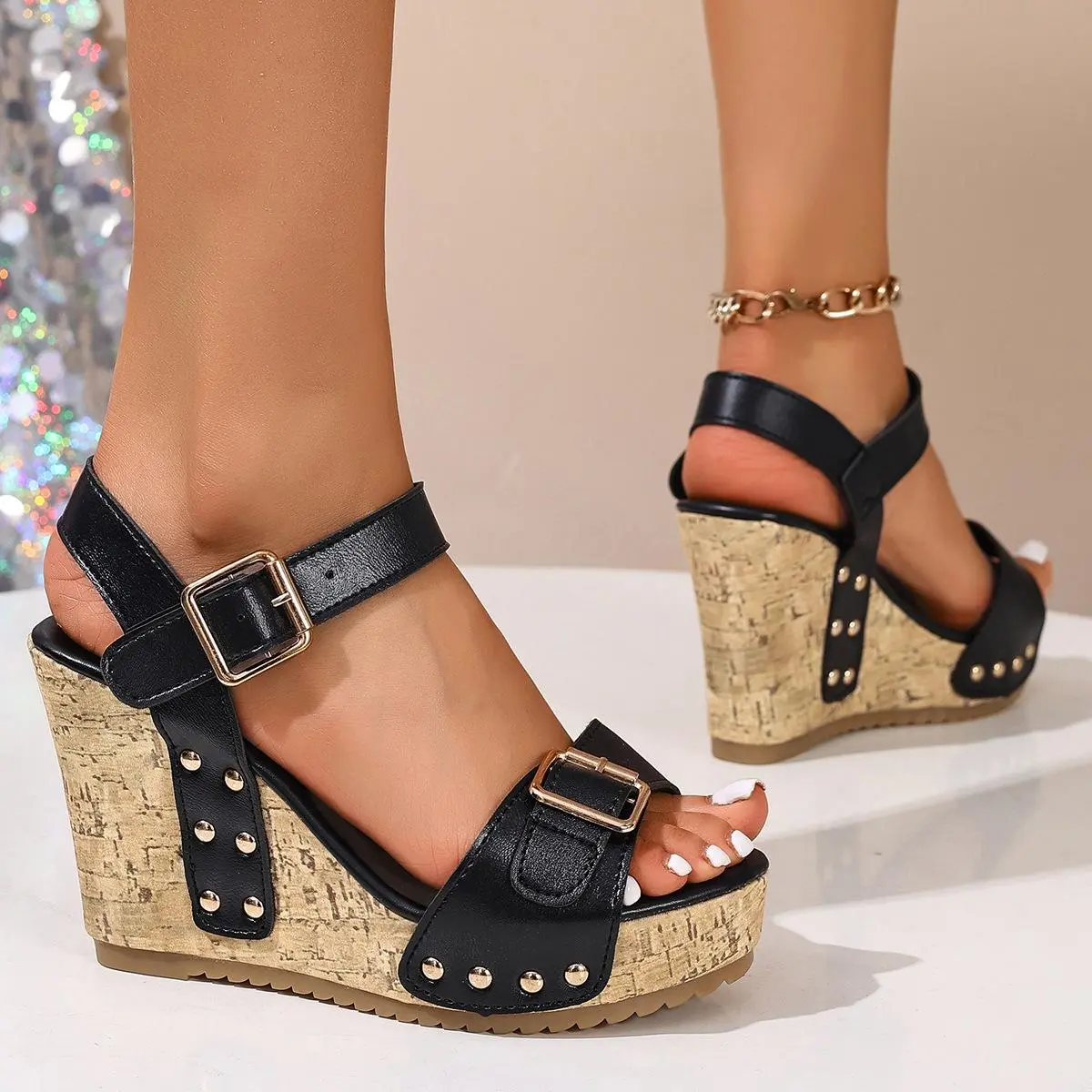 Women's Stylish Fashion Retro Studded Leather Platform Wedge High Heeled Sandals - Summer Bohemian Black Cork Heels, Ankle Buckle Strap, Gold Rivets, Casual Party Footwear