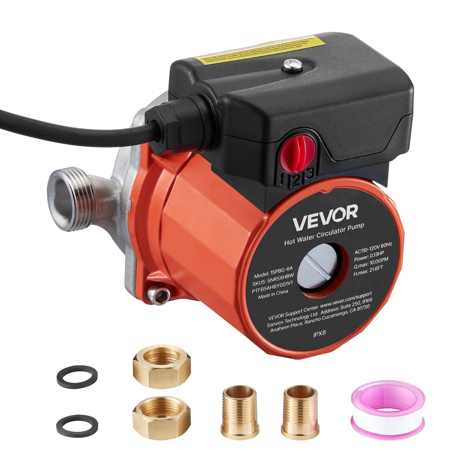 VEVOR Hot Water Recirculating Pump, 10 GPM, 0.13 HP, 110-120V, 3-Speed Adjustable Power Settings, Stainless Steel Head, NPT 3/4 in to NPT 1/2 in Adapter, Energy-Saving, Easy-Mount, Waste-Cutting, for Heaters & Showers