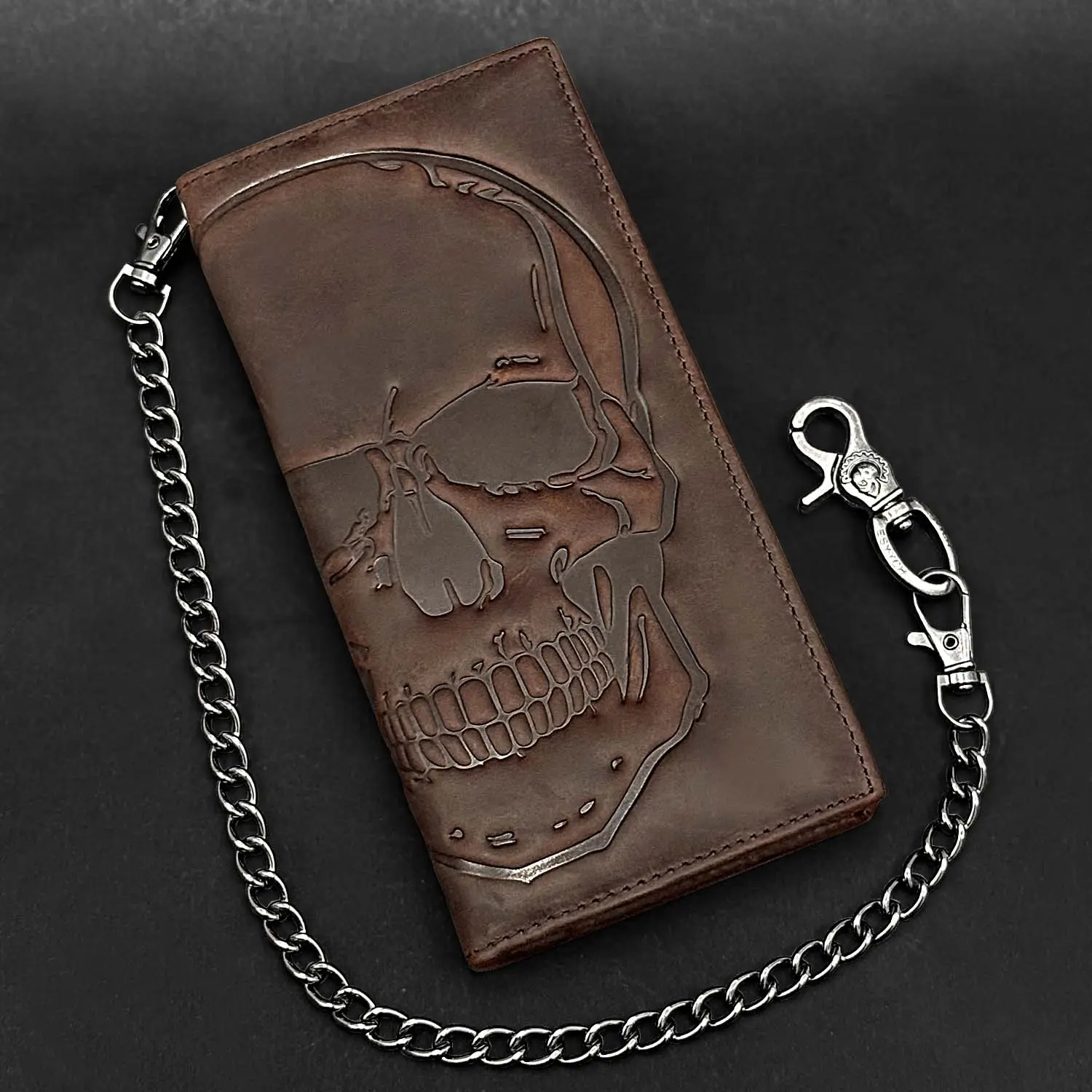 Rider Skull Chain Wallet Men Genuine Leather Motorcycle Credit Card Holder