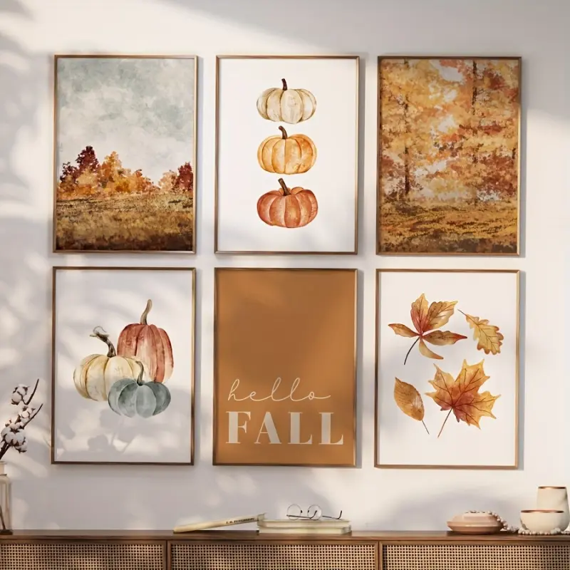 6pcs Unframed Painting Autumn Landscape Wall Art Prints - Pumpkin & Fall Leaves Rustic Farmhouse Decor, Vertical Canvas Art for Living Room, Bedroom, Kitchen, Thanksgiving & Halloween Seasonal Home Decoration