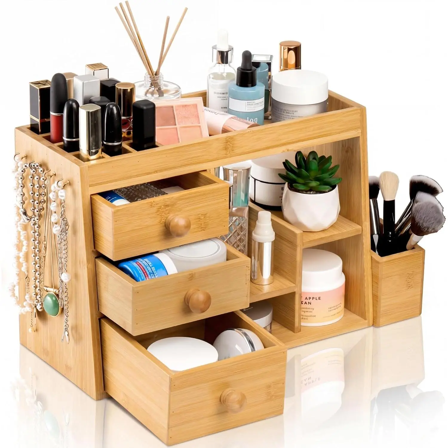 Large Countertop Bamboo Makeup Organizer with 3 Drawers, 12-Grid Lipstick Holder, Jewelry Hanging Hooks, Makeup Brush Holder, Desktop Wood Cosmetic Organizer Stand for Vanity