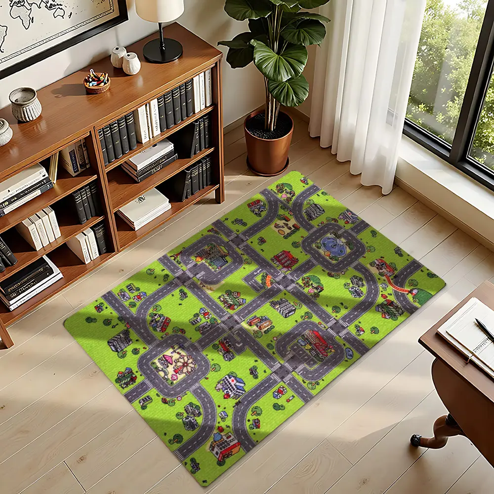 Green City Road Traffic Map Kids Play Flannel Rug #CityRoadMapPlayRug #TrafficTownPrintMat #FlannelCarpet #BoysGameRoomDecor