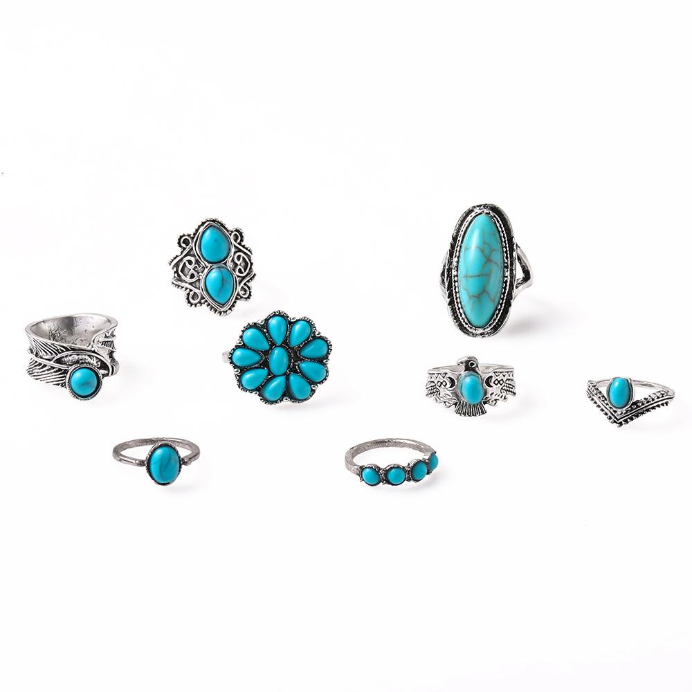 Vintage Boho Turquoise Stackable Ring Set 8Pcs | Ethnic Style Carved Feather Flower Statement Rings | Silver Tone Bohemian Fashion Jewelry for Daily & Festival Wear