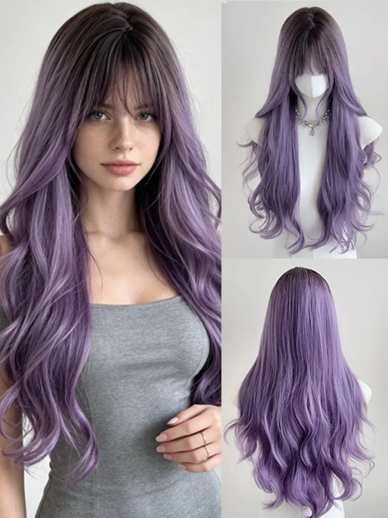 Lavender Purple Ombre Long Wavy Wig with Bangs, Heat Resistant Synthetic Hair, High Quality Wigs, Natural Hairline, Soft Voluminous Curls, Lightweight and Flowy, Perfect for Daily Wear, Party, Cosplay, Gothic, Kawaii, Aesthetic Wig for Women, Photo Sho