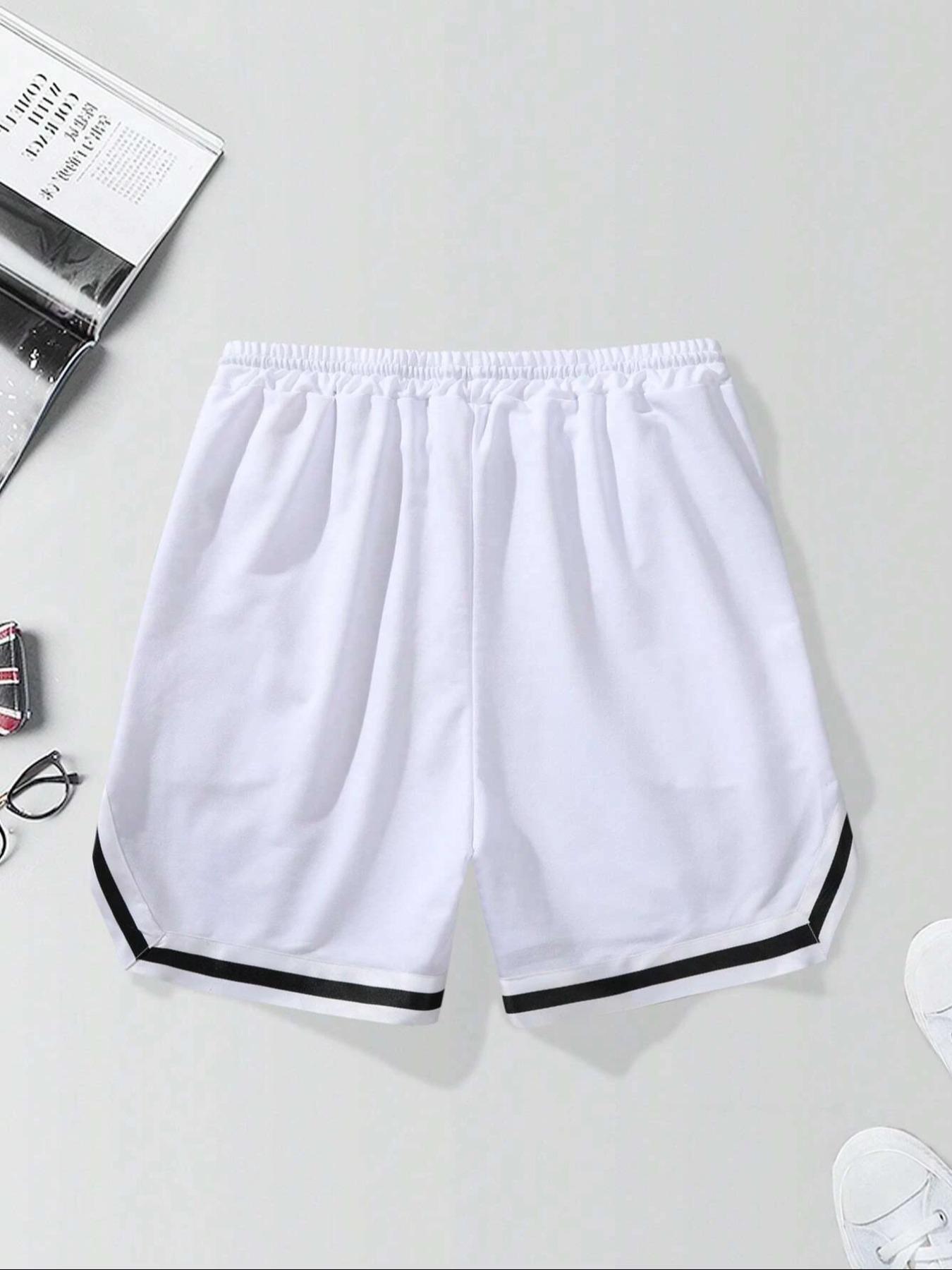 Men's Cross & Letter Print Drawstring Baggy Shorts, Loose Casual Streetwear Striped Trim Elastic Waist Pocket Track Shorts Polyester for Summer, Fashion Men's Baggy Bottoms for Daily Wear