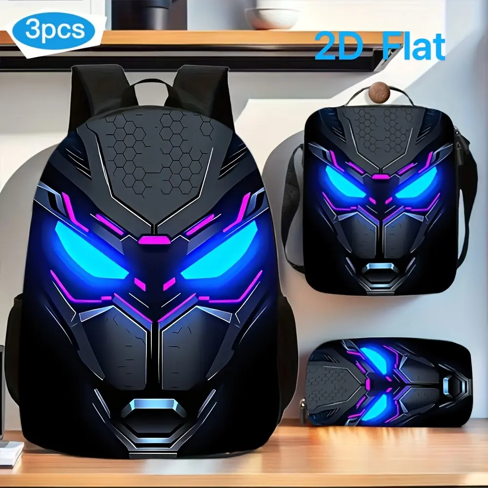 3pcs Unisex Large-Capacity Backpack, Cool Blue-Eyed Mecha 2D Print Pattern, Adjustable Shoulder Straps, Zipper Closure, The Three-Piece Set Includes a Backpack, Crossbody Bag, And Pencil Case, a Must-Have Backpack for Back-To-School Season, School