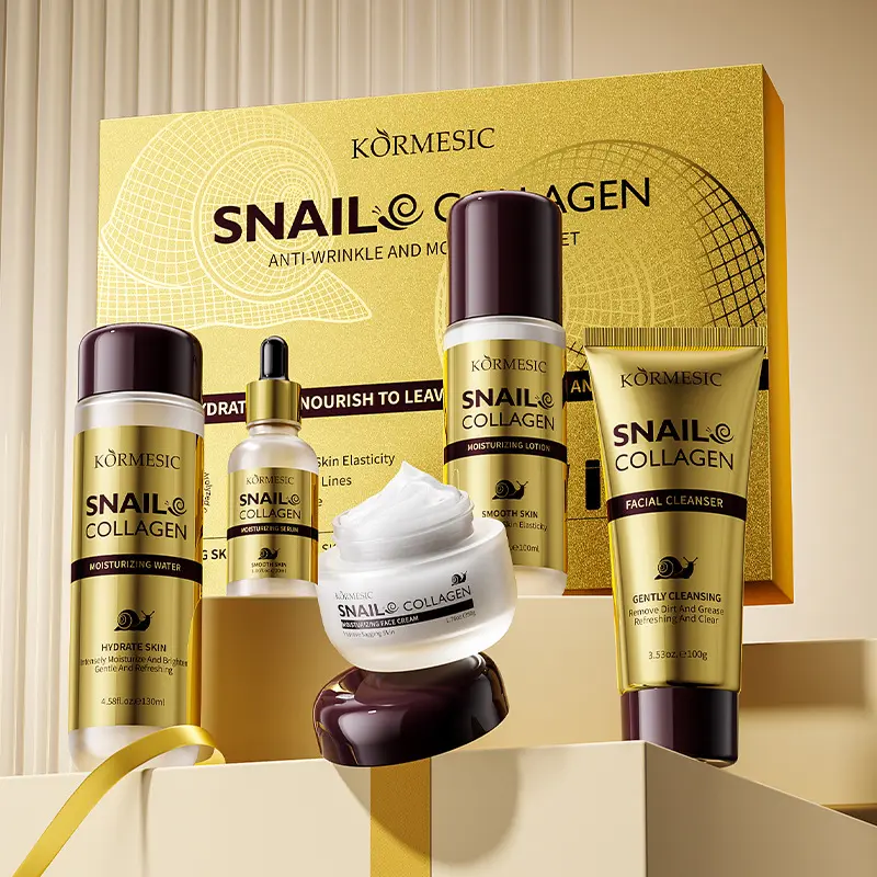 KORMESIC Snail Collagen 5pcs Skin Care Gift Set, Skin Care Sets, Facial Cleanser Toner Lotion Serum Cream Kit, Hydrolyzed Collagen Firming Hydrating Brightening Repair Dull Dry Sagging Skin Luxury Golden Anti-Aging Facial Care Kit For Gift Daily Use