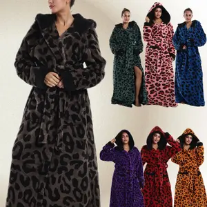 Elegant Leopard Print Coral Fleece Bathrobe, Long Warm Robe with Hat and Pockets, Classic Style, Multiple Colors Available