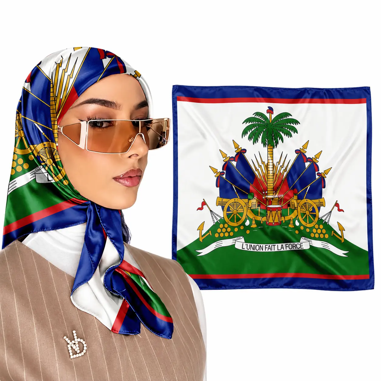Haitian Flag Satin Square Scarf for Women, 35 x 35 Inch Silky Headscarf, Lightweight Hair Wrap, Neck Scarf and Bag Accessory for Daily Wear, Travel & Gifts