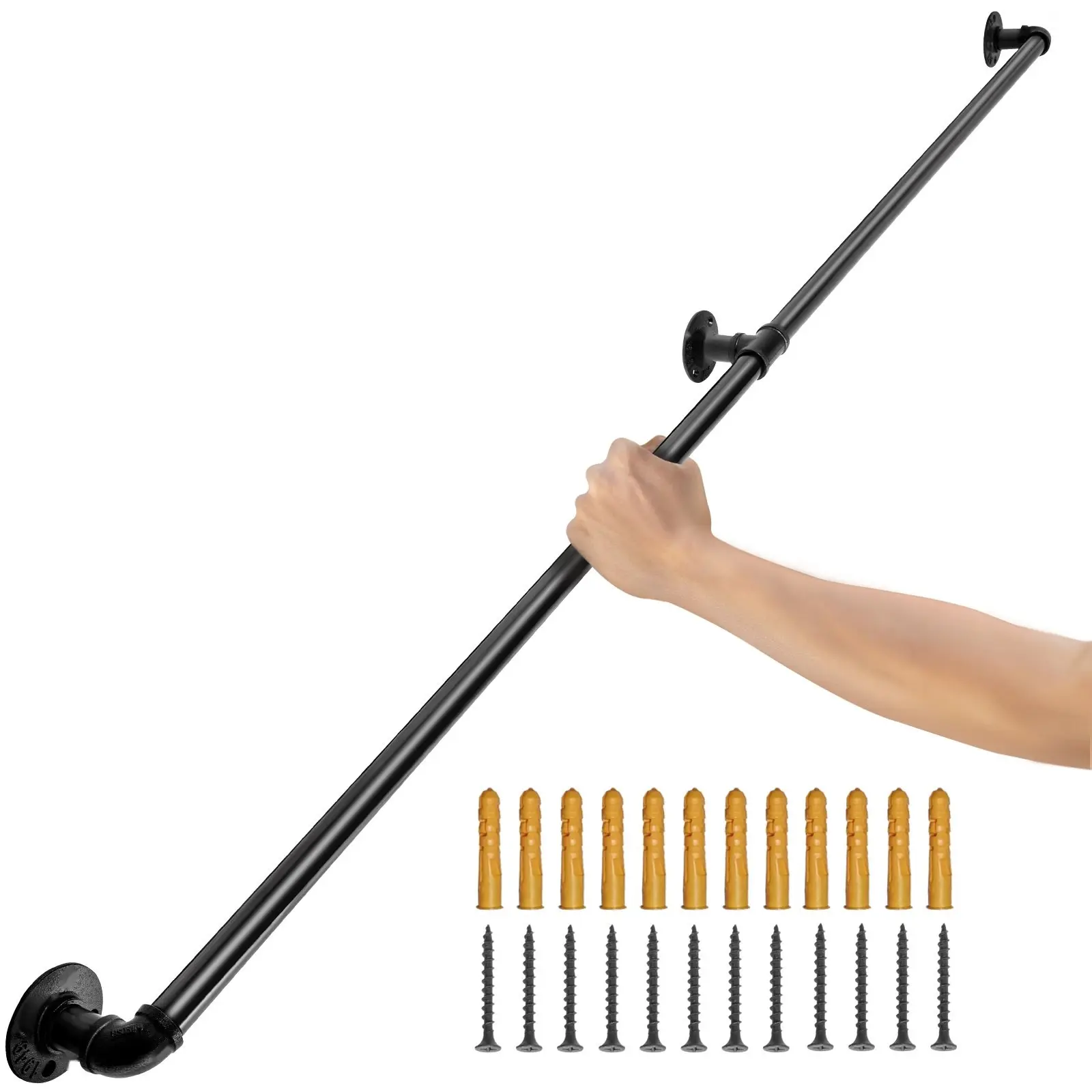 Industrial 5 Ft Carbon Steel Pipe Stair Handrail Kit, Heavy-Duty Wall-Mount Support System, 440 Lbs Load Capacity, Round Corner Design for Indoor/Outdoor Homes, Garages