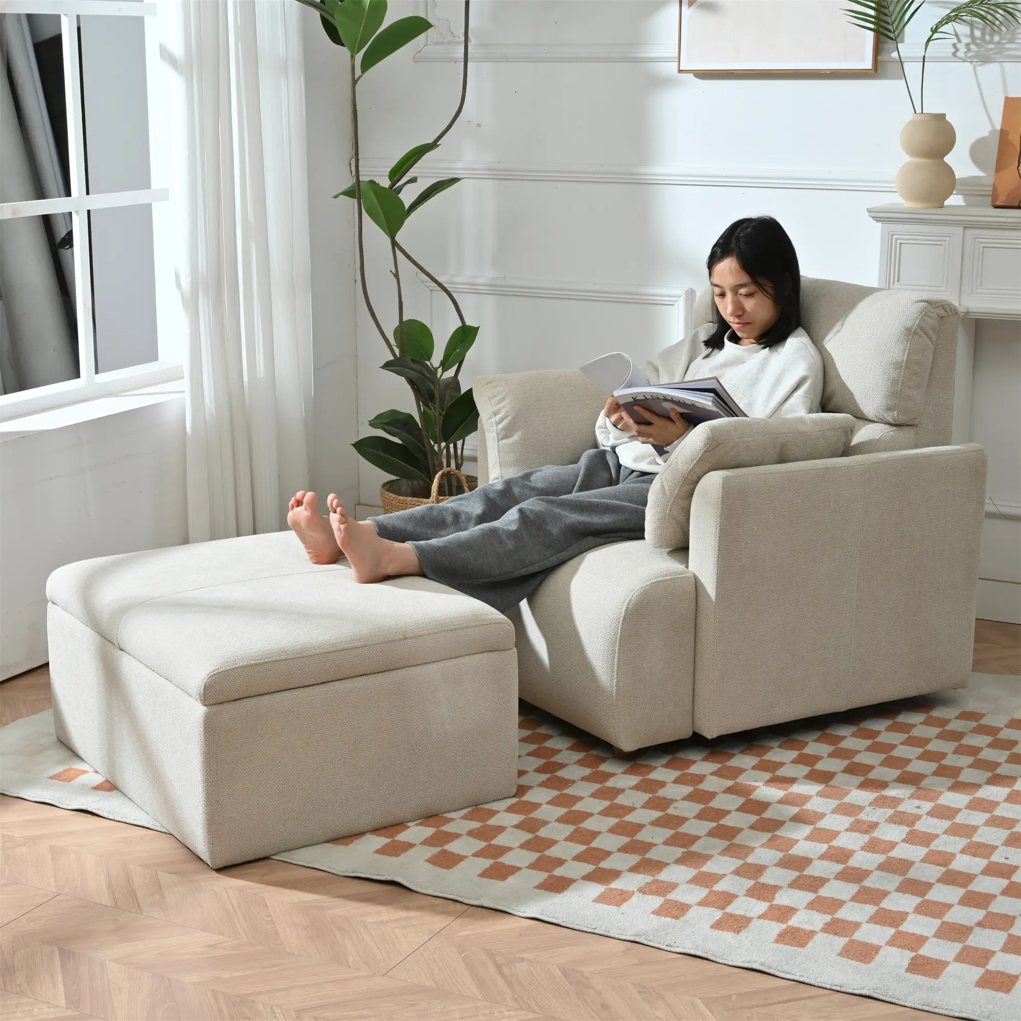ARCH Oversized Accent Chair with Storage Ottoman Set, Modern Snowflake Velvet Upholstered Wide Armrests Lounge Chair for Living Room, Comfy Deep Seat, Solid Wood Frame, 350 lbs cap., Beige/Grey Options, Velvet Fabric
