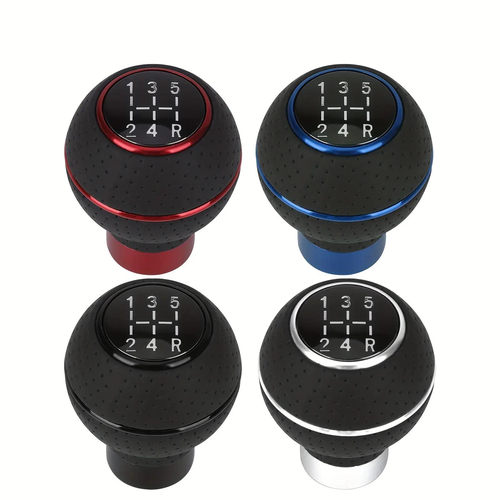 Aluminum + Genuine Faux Leather Universal 5-Speed Spherical Gear Shift Knob/Manual Transmission/4 Adapters M8/M10/M11/M12, 4 Screws, 1 Wrench