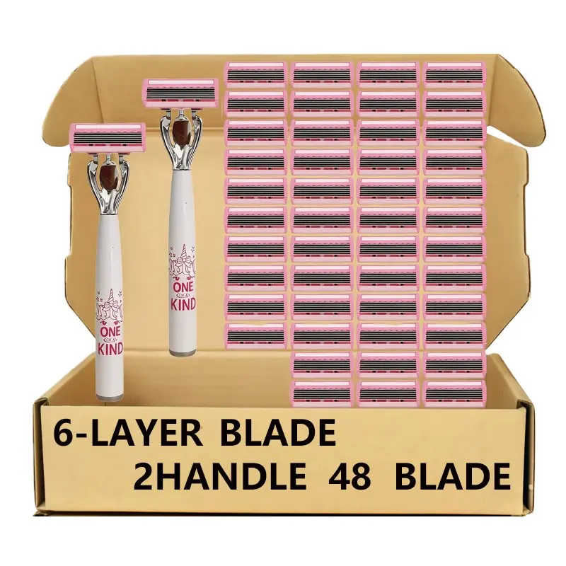 Women’s 6-Layer Disposable Razor Set, Smooth Close Shaving Safety Razors Kit with 2 Ergonomic Handles & 48 Replacement Blades, Gentle Skin Friendly Shaving Tool for Hair Removal, Legs, Armpits & Bikini Line