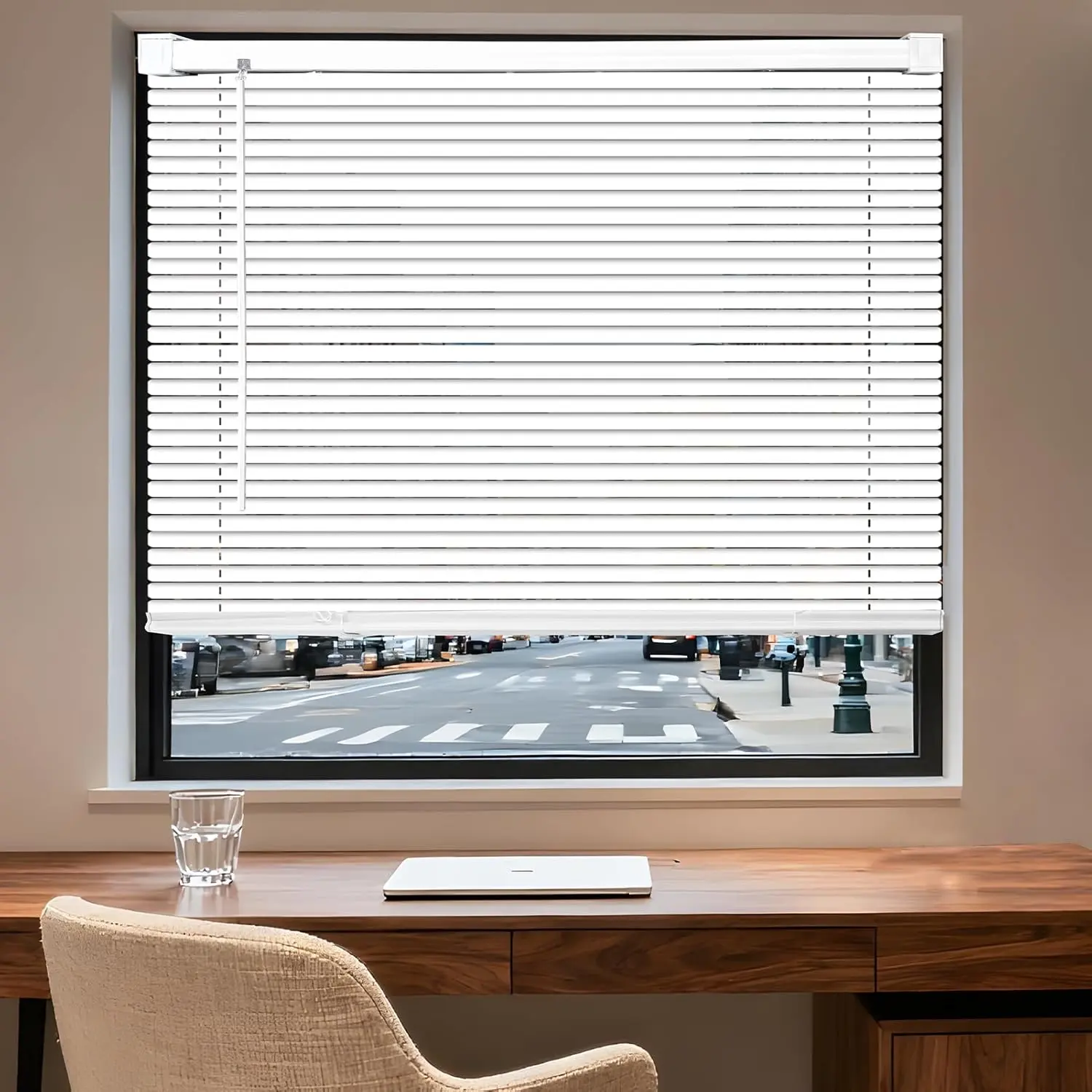 Cordless Light Filtering 1" Vinyl Mini Blinds for Windows, Horizontal Window Blinds for Home, Cordless Shades for Indoor & Outdoor Windows, 35" W x 36" L, White