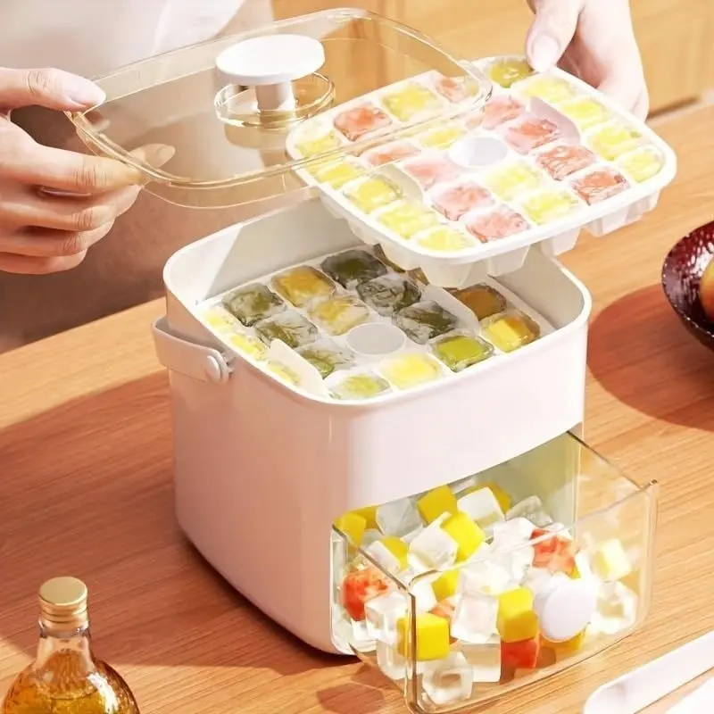 48-Grid Ice Cube Tray with Easy Press Lid, Large Capacity Double Layer Freezer Box, Durable Plastic Kitchen Gadget, Ice Cube Maker, Suitable for Home & RV Kitchen