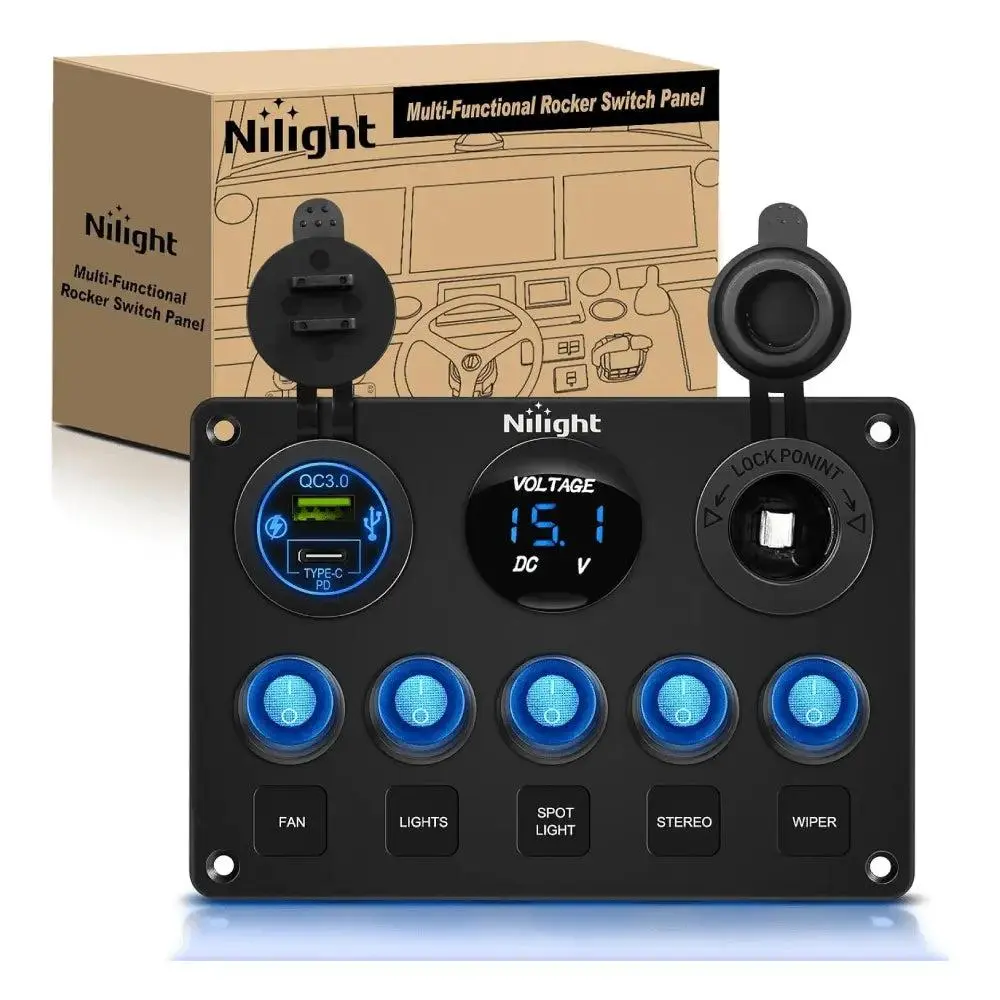 Nilight 5-Gang Multi-Function Switch Panel - PD Type-C USB Charger, Digital Voltmeter, Dual-Port Electrical Socket with Pre-Wire Design for Cars, Airplane, Yacht Marine Environment Use