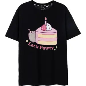 Pusheen Let's Pawty Black Women's T-Shirt| Playful The Cat Design| Adorable Cat Merchandise Pusheen "Let's Pawty" Birthday Cake Graphic Tee Women’s Cute Kawaii Short Sleeve Crew Neck Casual Top