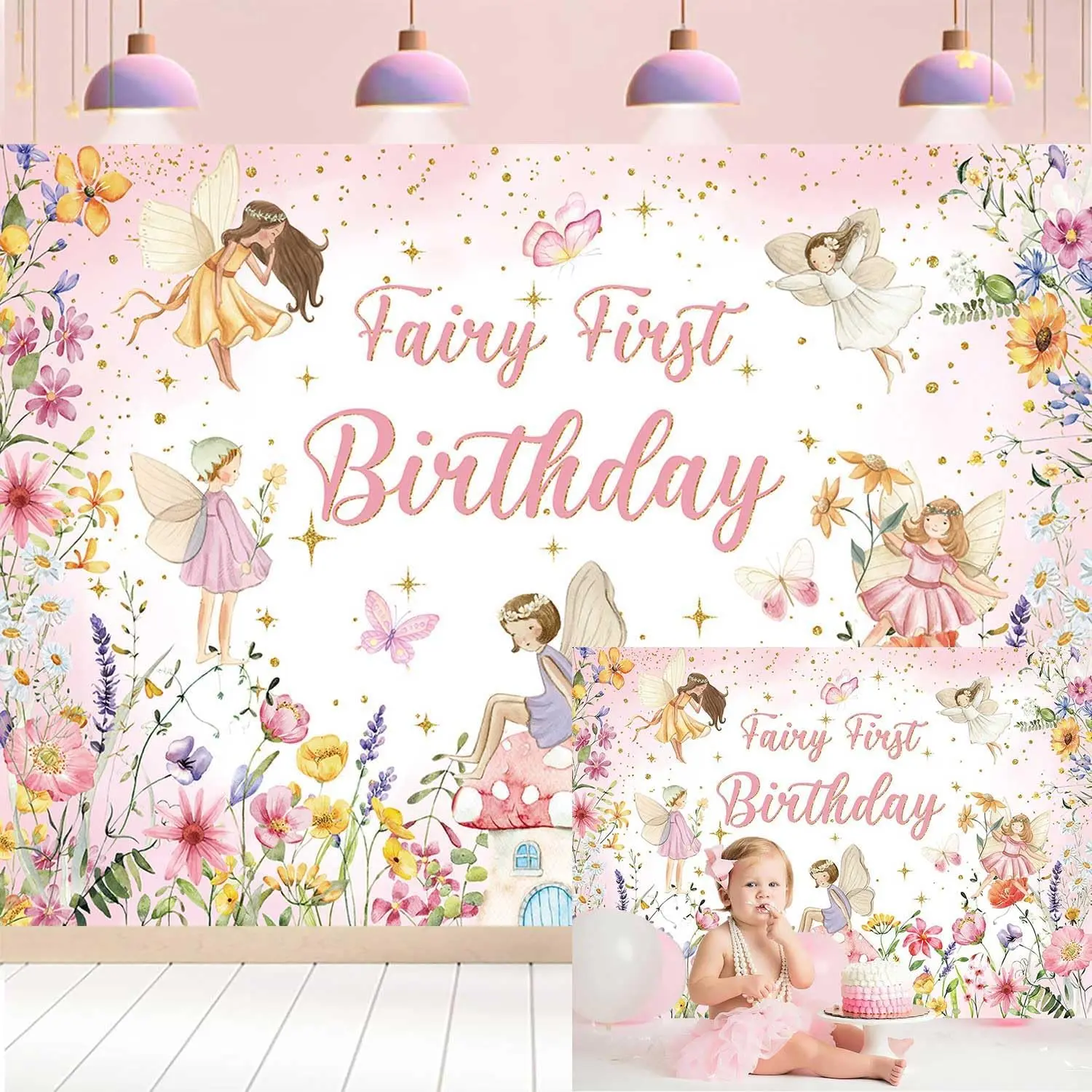 Fairy First Birthday Banner Backdrop 7x5FT Wildflower Girls 1st Photography Background Fairy Tale Theme Birthday Party Decorations Photo Props