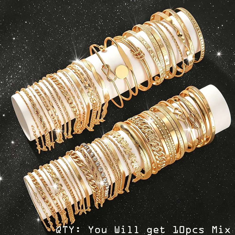10-Piece Layering Bracelet Set, Elegant Rhinestone Geometric Jewelry for Women, Vintage Zinc Alloy Bangle Pack with Heart & Snake Chains, Bangles Set, Bracelets
