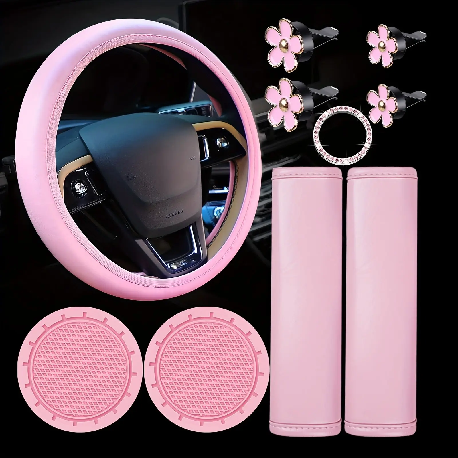 10-Piece Car Interior Accessories Set, Steering Wheel Cover, Seat Belt Protector, Air Vent Clip, Cup Holder Mat, Start Button Decor, Fashionable Design, Car Decor Gift, Interior Accessories For Car