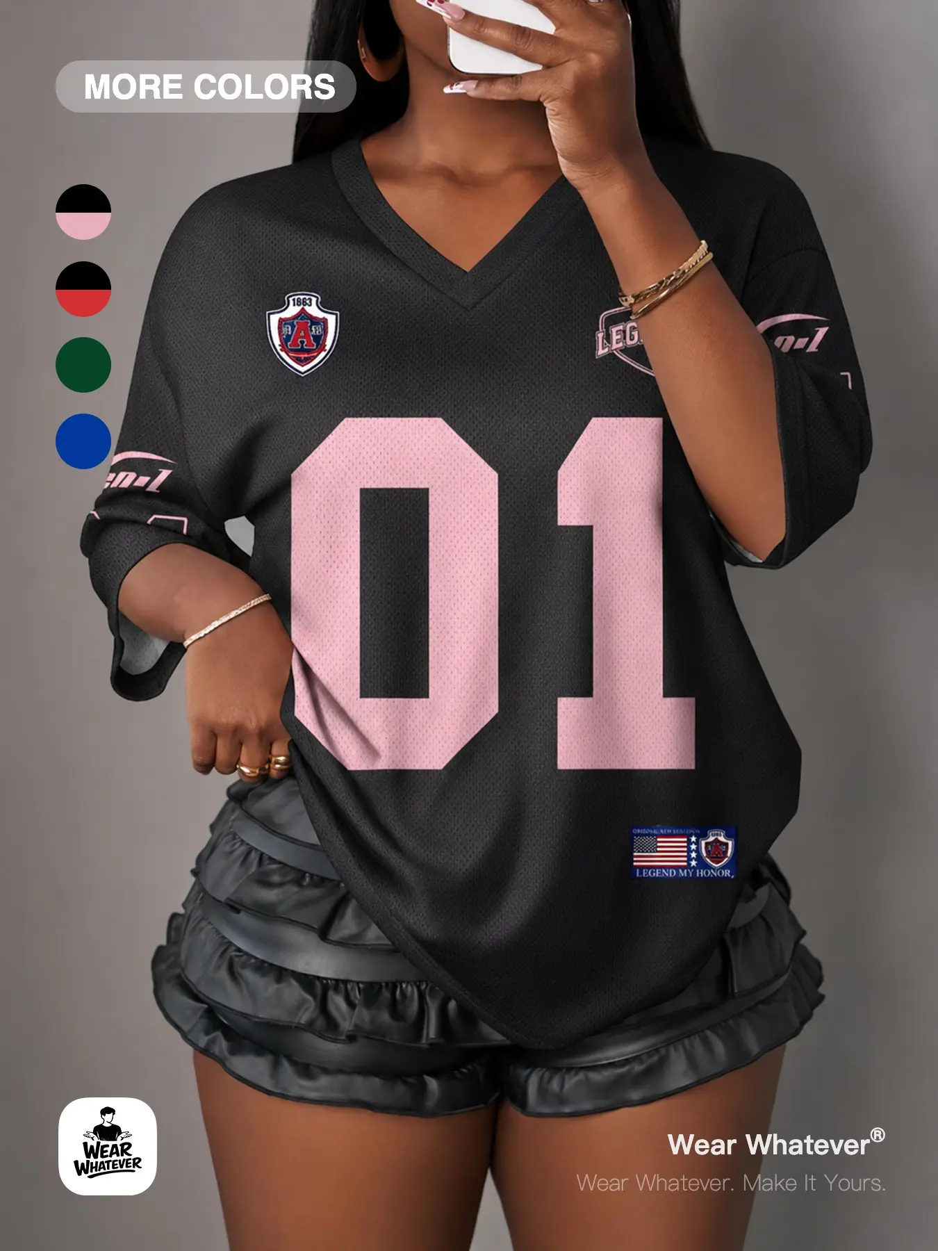 Wear Whatever Women’s Black Mesh Jersey Top, Baggy Oversized V Neck Number Graphic Tee with Pink Print for Y2K Streetwear, Festival, Going Out, Weekend and Casual Summer Outfits