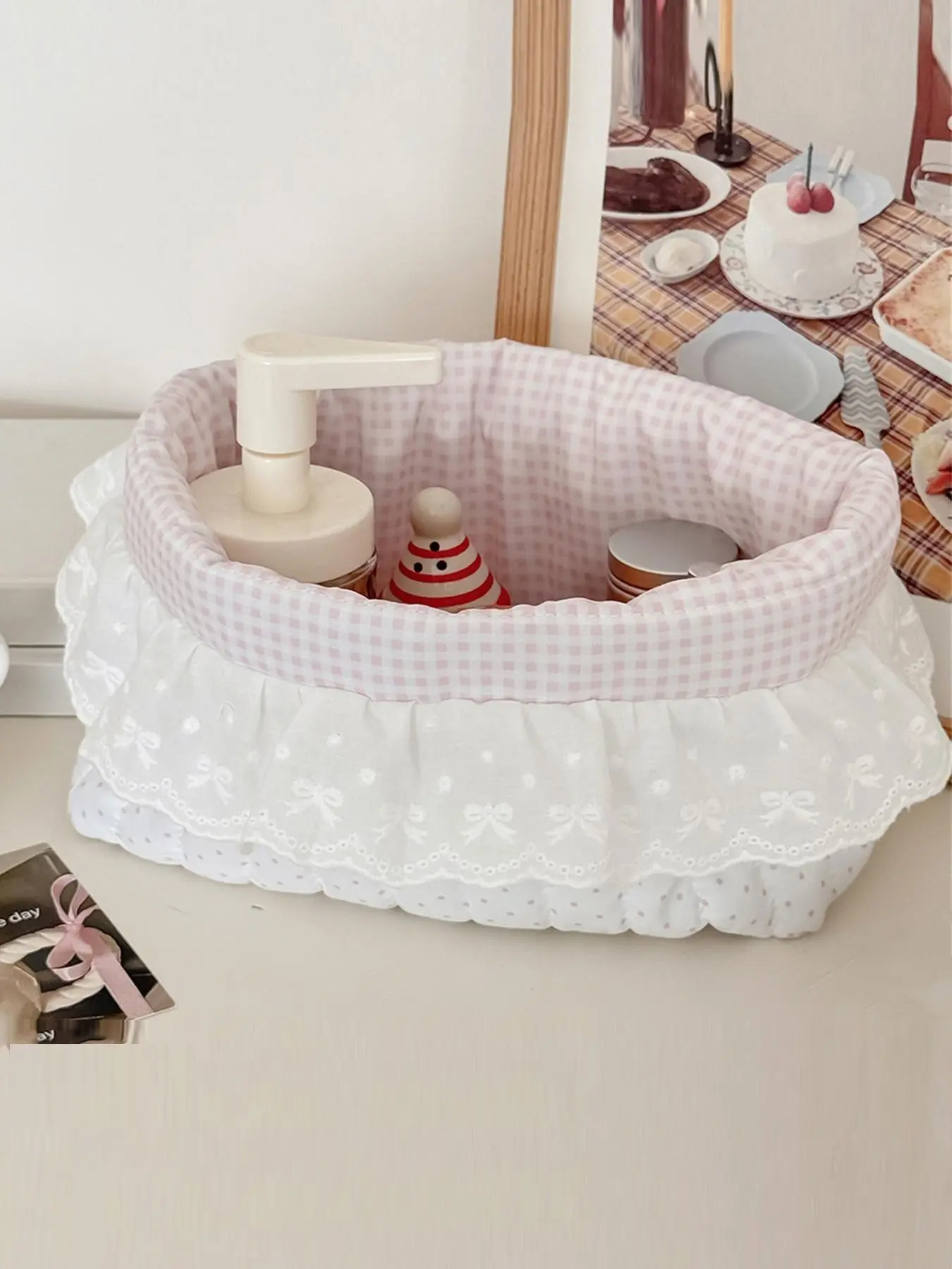 Gingham Lace Ruffle Decorative Storage Basket with Bow Embroidery, Spacious Desktop Organizer for Women, Versatile Storage Bin for Bedroom Bathroom Daily Organization and Travel Essentials