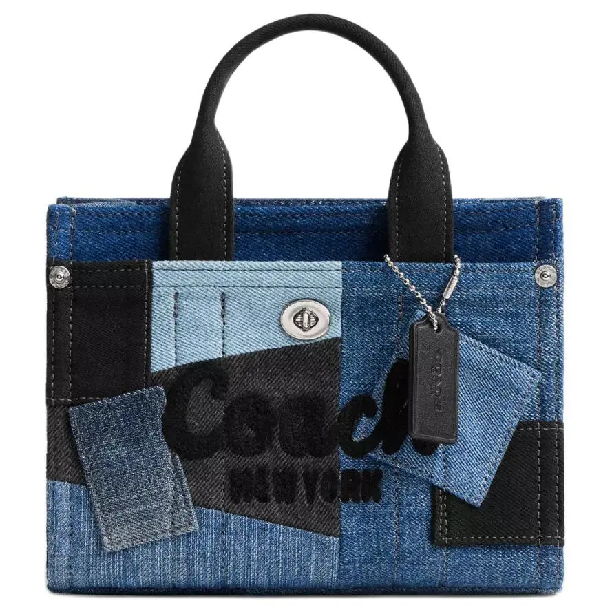 COACH Cargo 20 Embroidered Logo Patchwork Denim Tote Bag for Women, Small Blue