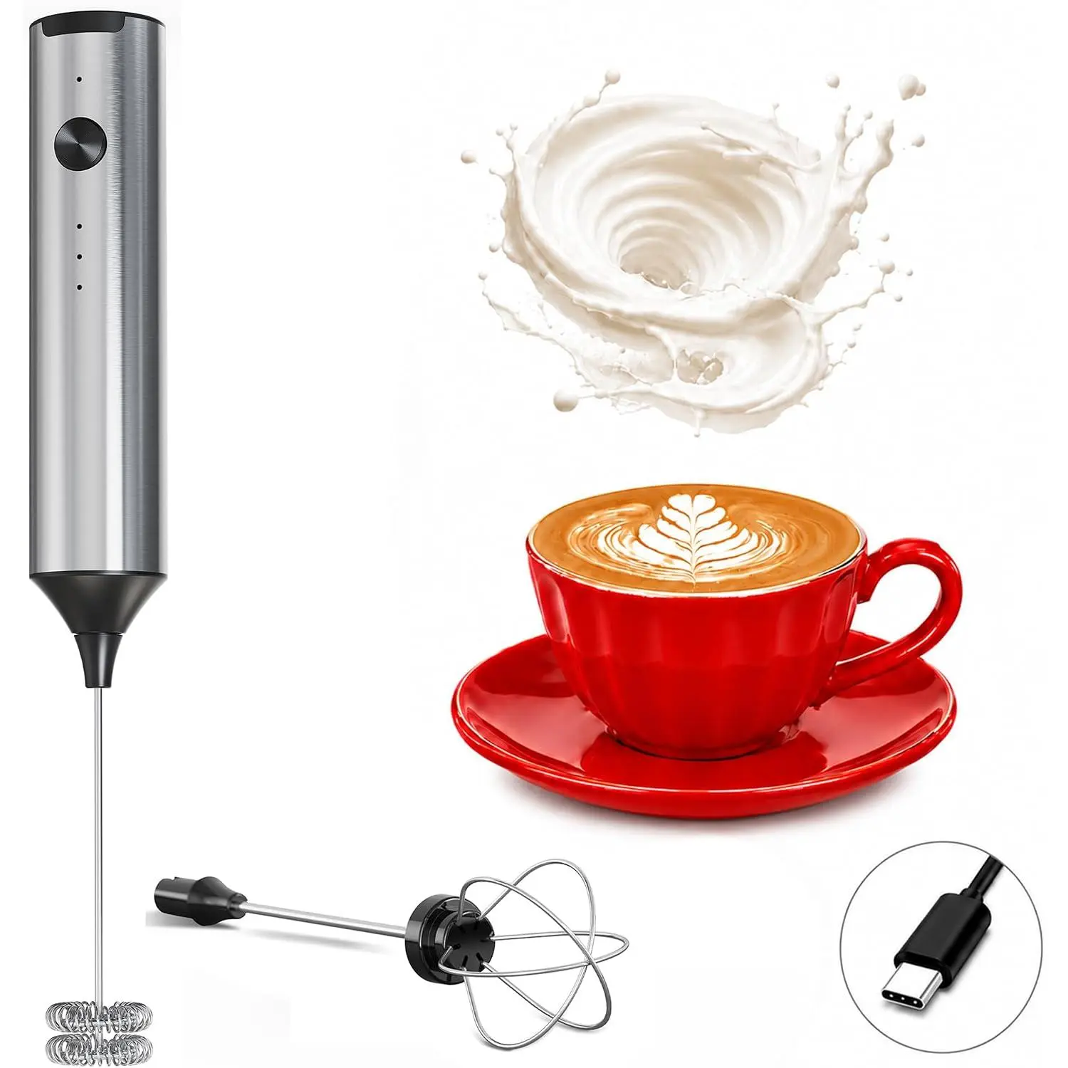 Handheld Milk Frother Wand Rechargeable - Stainless Steel Double Whisk Milk Frother Handheld -Coffee Stirrers Electric Drink Mixer - Coffee Frother (Gray)