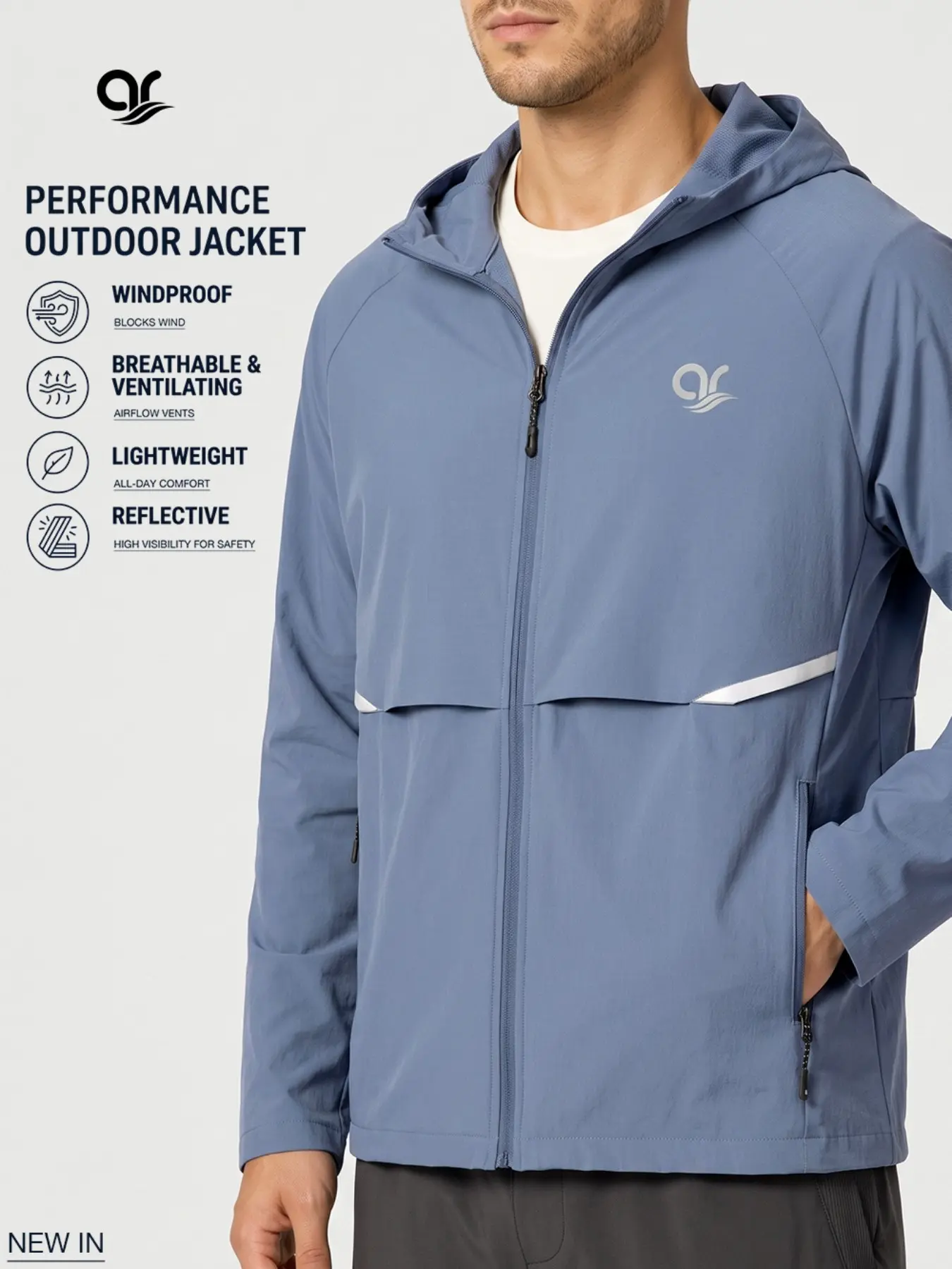 AR Men’s Lightweight Windproof Hooded Jacket, Breathable Full Zip Running Windbreaker with Raglan Sleeves, Reflective Strips, Front & Back Vents, Zip Pockets for Hiking, Cycling, Travel & Everyday Wear