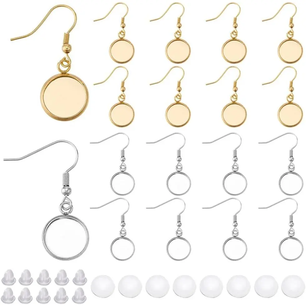 Women's Stainless Steel 12mm Round Earring Bezel Blanks Kit - 1 Box (60-Count, 20 Sets) with Pendant Trays, Glass Cabochons, Ear Backs for DIY Craft Jewelry Making Supplies