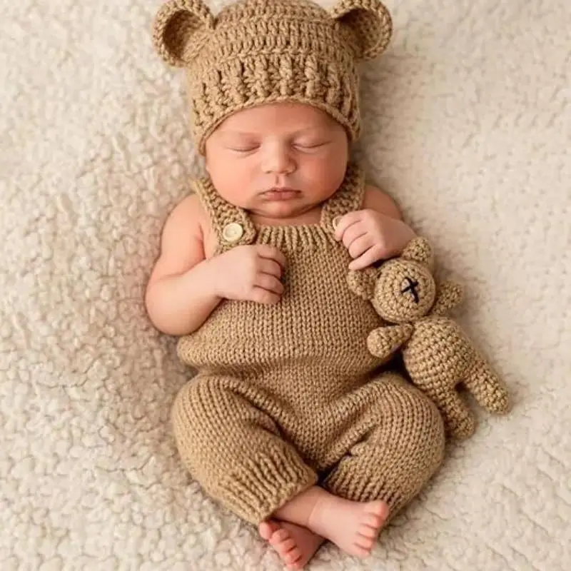 Newborn Photography Outfit 3PCS Set, Hand Knitted Baby Bear Romper with Photo Props Accessories, Cute Unisex Infant Gift for Baby Boys & Girls