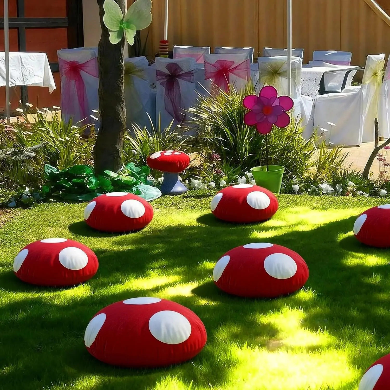 6-Piece Cute Polka Dot Round Shape Mushroom Floor Pillows, 13.78in Soft Fabric Stuffed Seating Cushions, Red Wonderland Theme Decor for Home Bedroom, Polka Dots, Stuffed Pillows