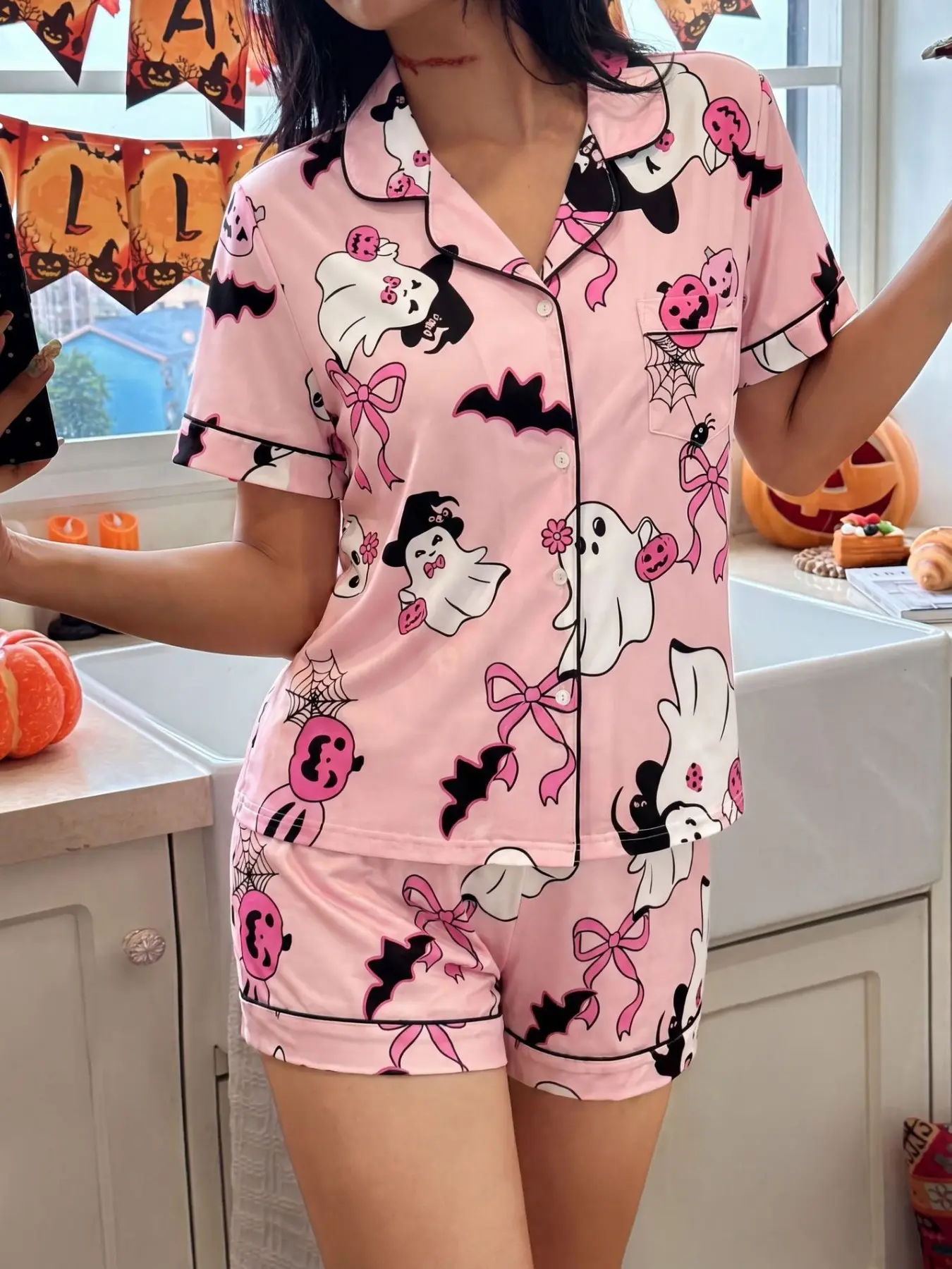 Women's Halloween Printed Pajama Set, Casual Loose-Fitting Short Sleeve and Shorts, Spring & Fall Home Wear, Fashionable Fairy Print