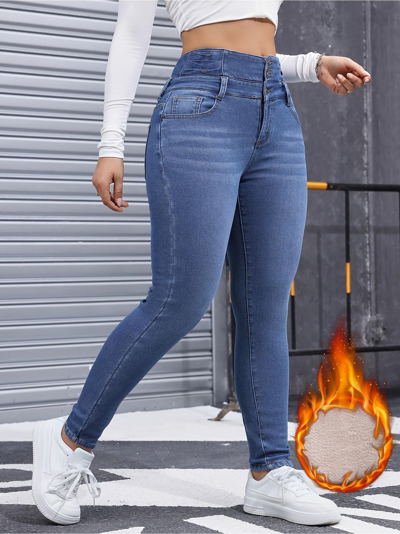 Amoyer Women's High Elasticity Fleece Lined Thick Denim Jeans, Fall & Winter Fashion, Comfortable Slimming Jeans, Elegant Style