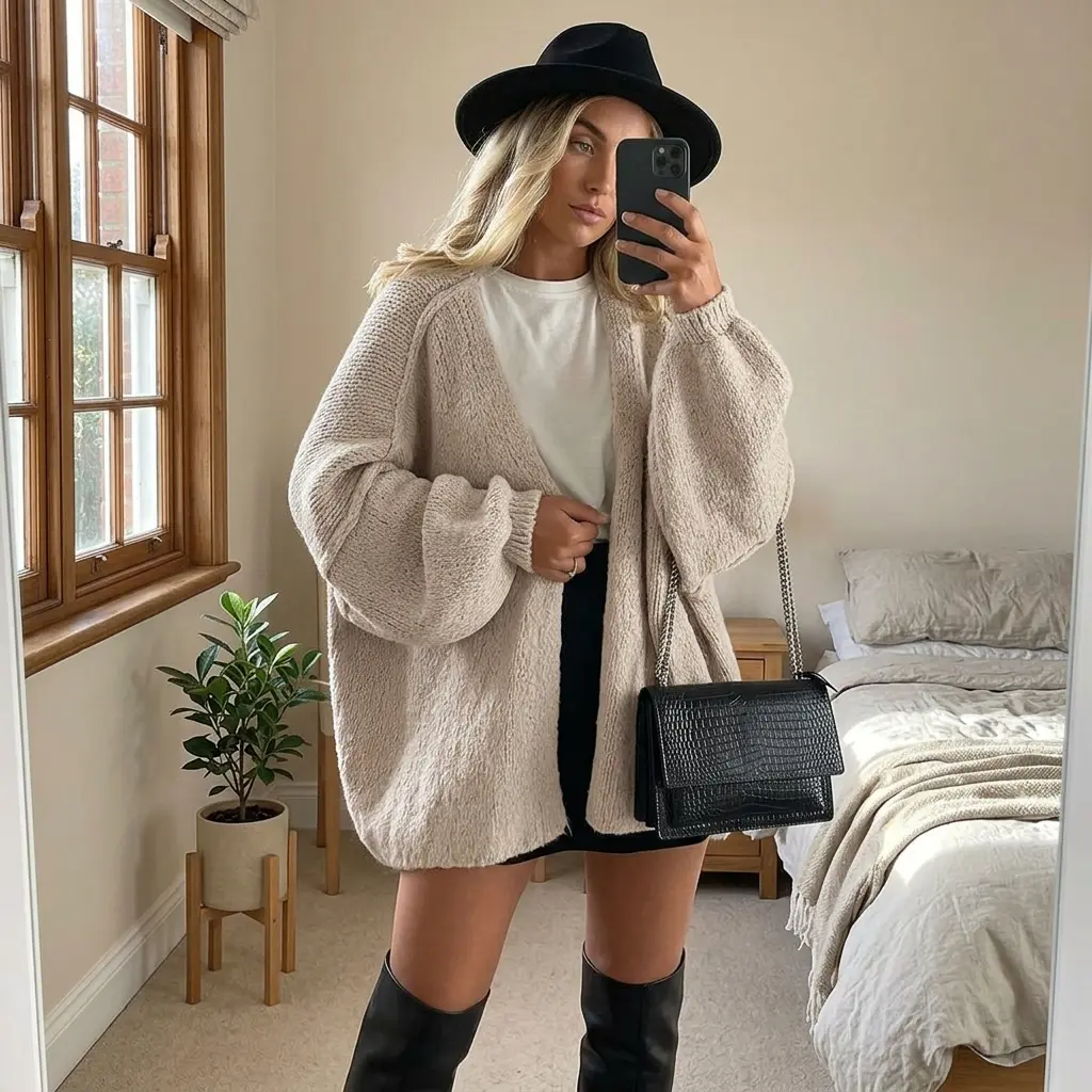Solid Oversized Bubble Puff Sleeve Knit Cardigan for Women, Soft Loose Open Front Chunky Knit Sweater Coat, Daily Fall Casual Long Sleeve Outerwear