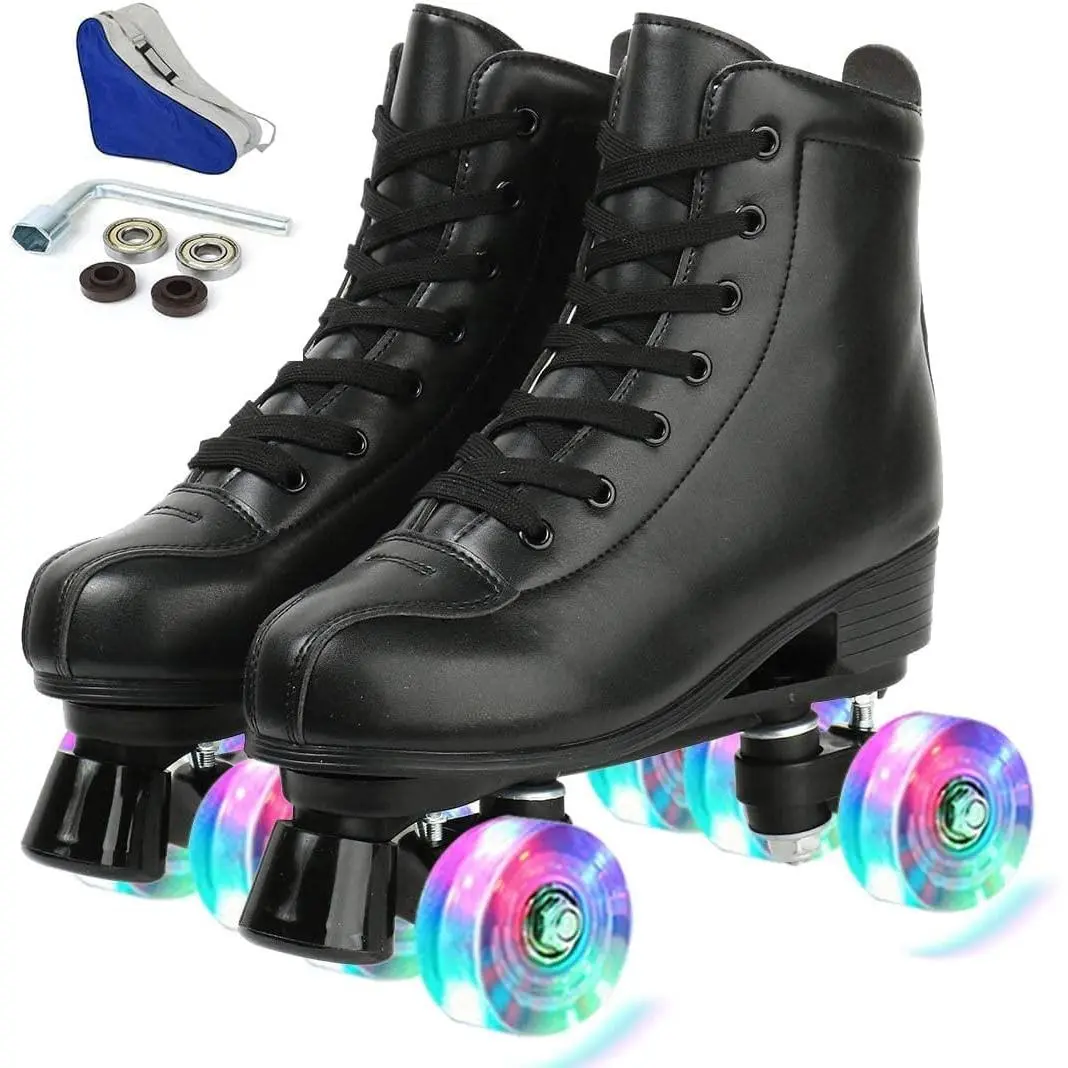 PU Leather Skates - Premium Adjustable Four-Wheel Roller Skates for Women, Men, Boys & Girls - Indoor & Outdoor