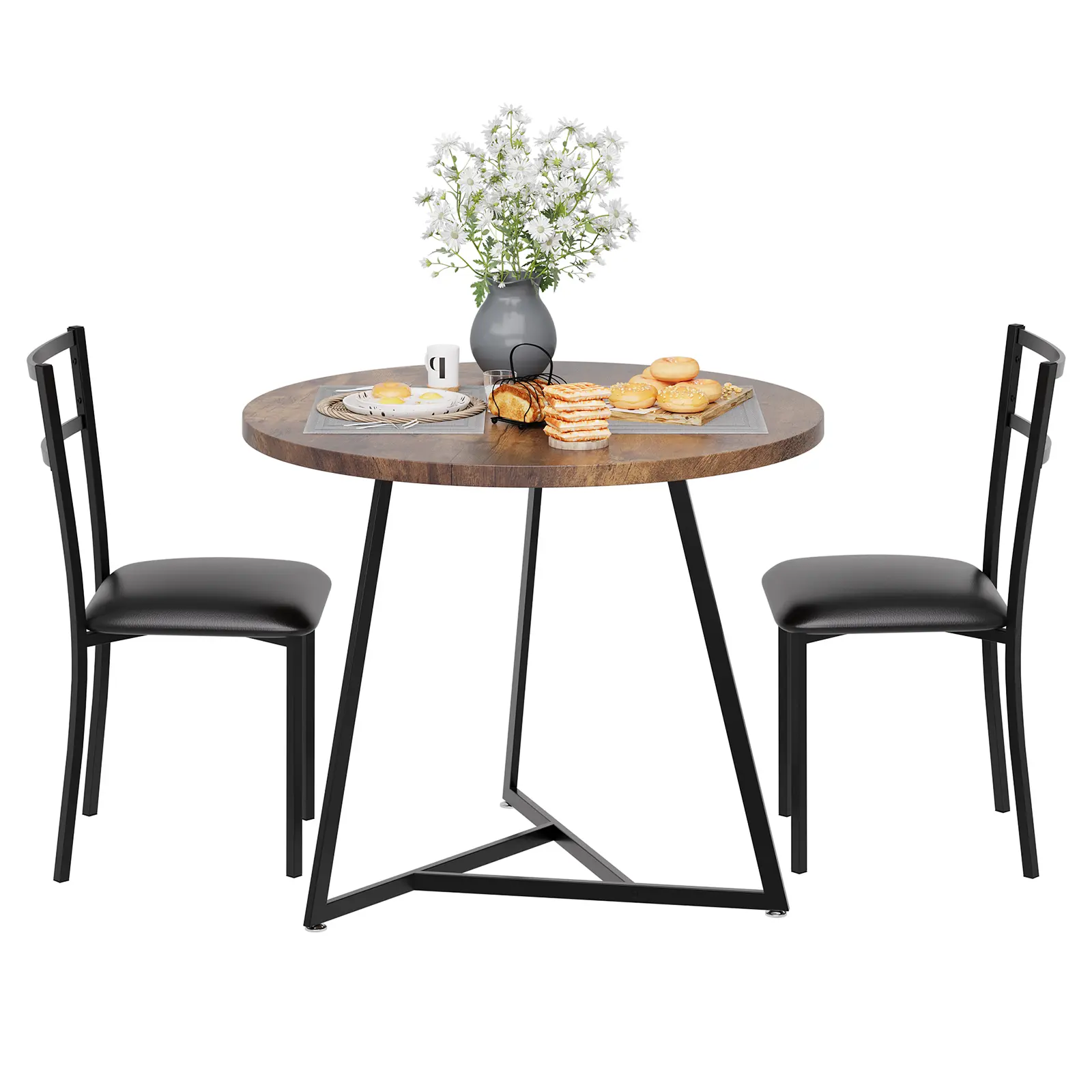 Garvee 3-Piece Round Dining Table Set for 2 - Small Space Kitchen Table & 2 PU Upholstered Padded Chairs - Rustic Brown Wood Top - Apartment/Breakfast Nook