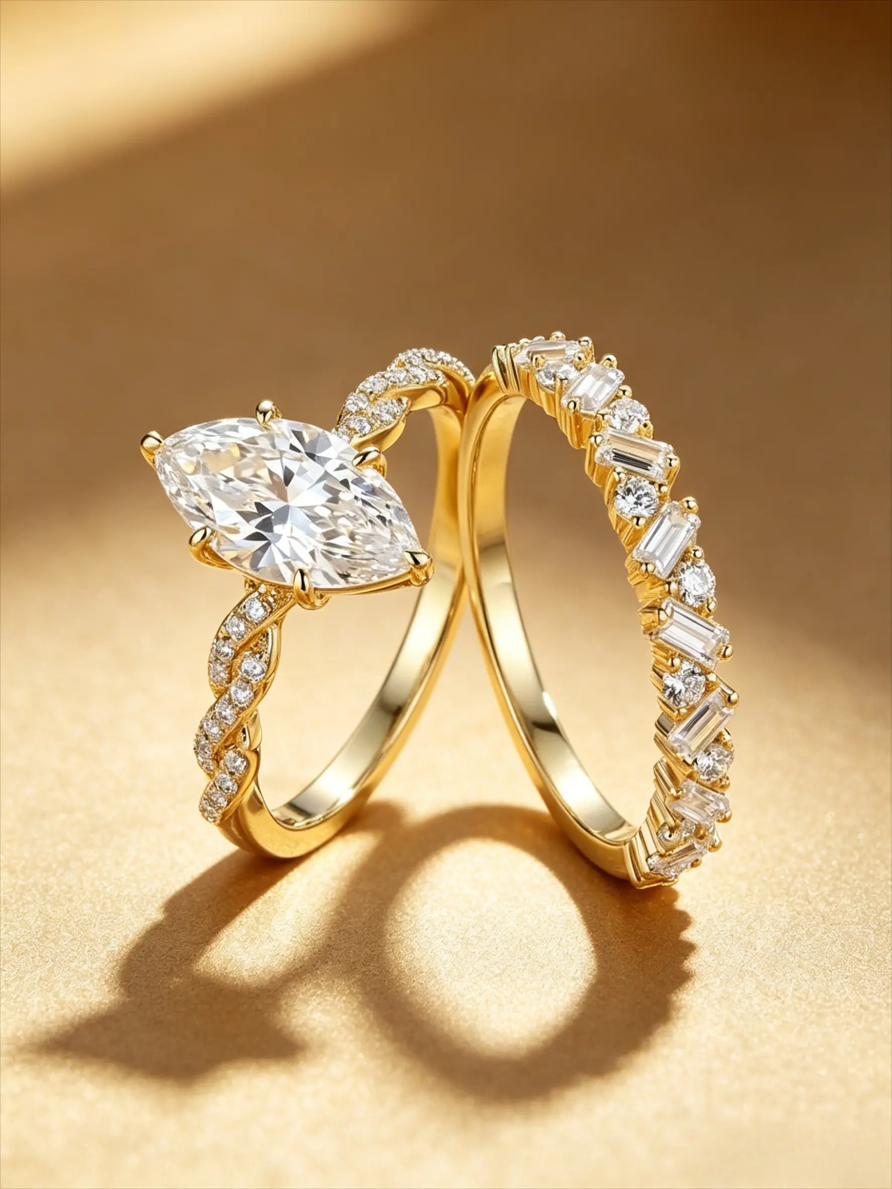 Eco-Friendly Copper Gold-Plated Ice Flower Cut Marquise Imitation Diamond Ring Set, 2Pcs Twisted Band Engagement Ring & Baguette Round Pavé Band, Luxury Bridal Set Rings, Jewelry Rings, Anniversary Gift For Women (With Gift Box)