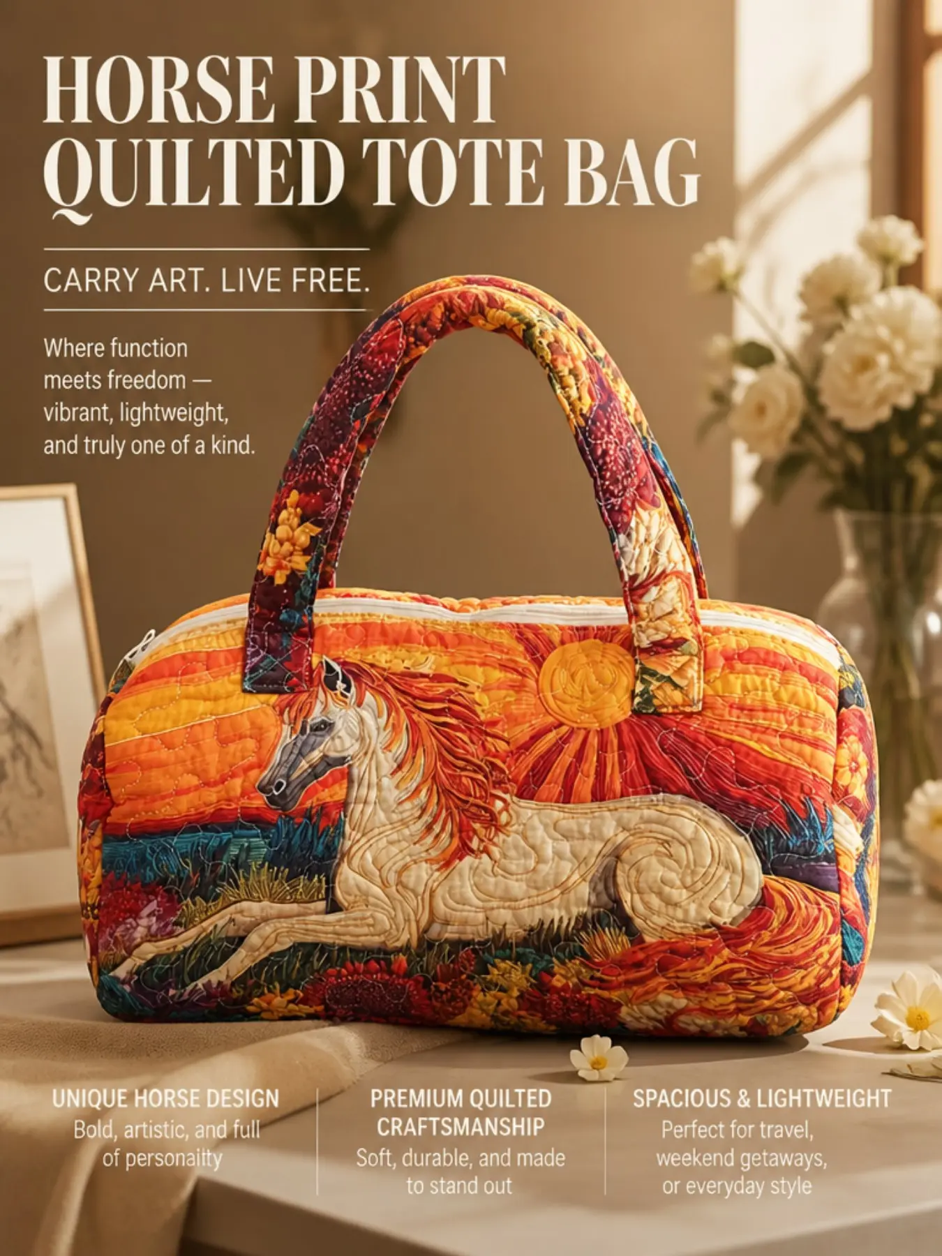 Sunfire Horse Print Quilted Handbag, Large Capacity Soft Quilted Weekend Travel Bag, Lightweight Overnight Fitness Luggage, Ideal for Outdoor Trips