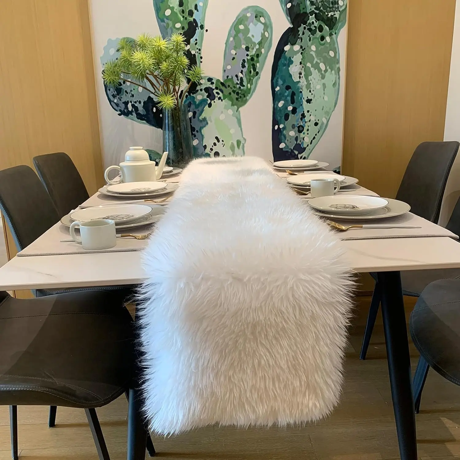 White  Table Runner Faux  Christmas Decor 12x35.4 Inch | Soft  white faux  table runner for Christmas holiday dining table decor with cozy elegant  styling