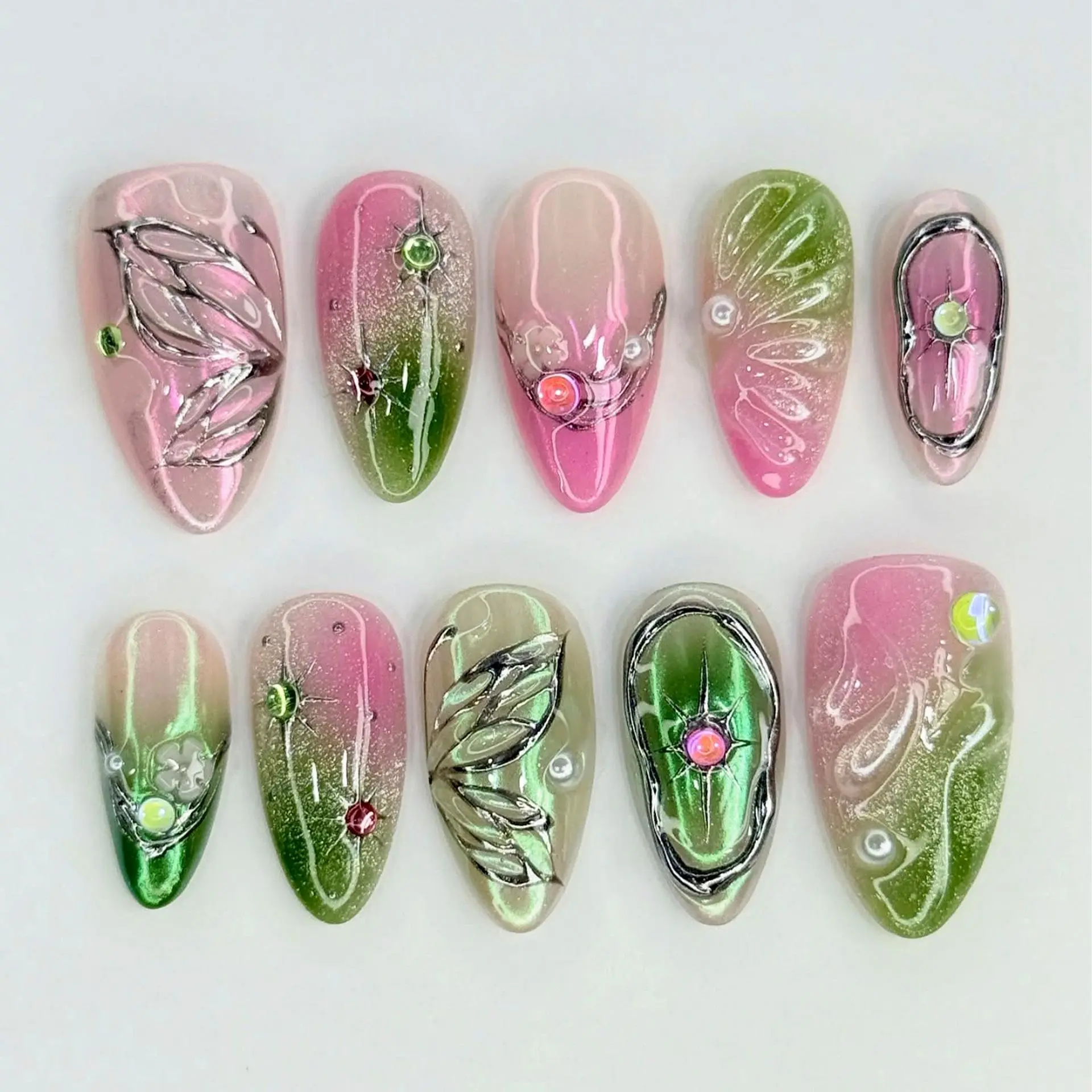 30Pcs Purple Aurora Gold Foil 3D Butterfly Flower Almond Press On Nails Handmade Diamond Luxury Fake Nails Fall Aesthetic Back To School Essentials Reusable False Nails for Party Dating Nail Art