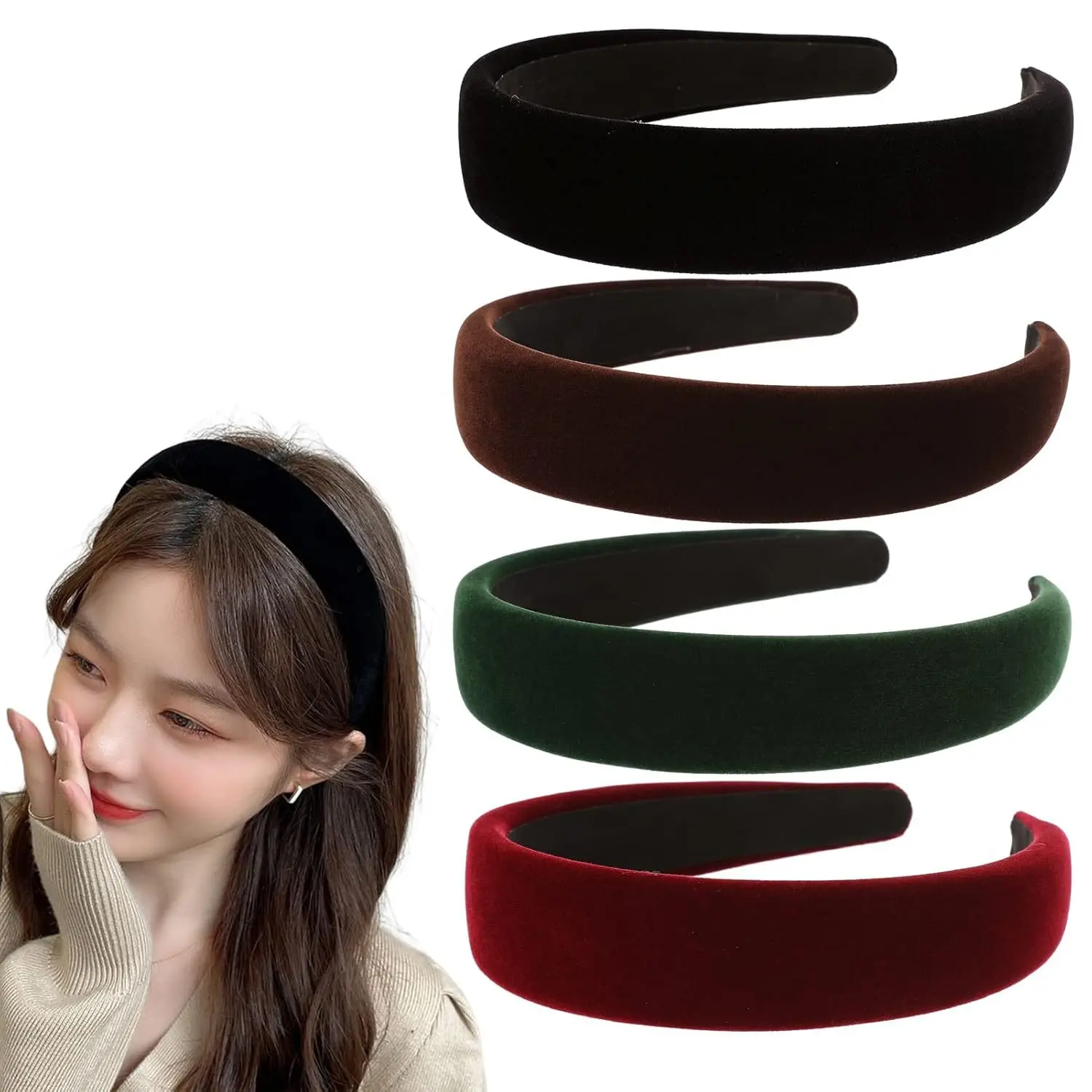 Women's 4PC Velvet Padded Sports Headbands - Thick Sponge, Vintage Old Money Style, Resin Accents, 1 Size for Adults, Ideal for Everyday Hairstyles, One Size