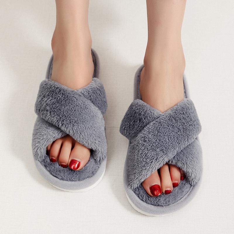 Autumn Winter Fluffy Fur Slippers Women Lightweight Cross Band Plush Slides Woman 2026 Open Toe Flats Fuzzy Home Slippers Female