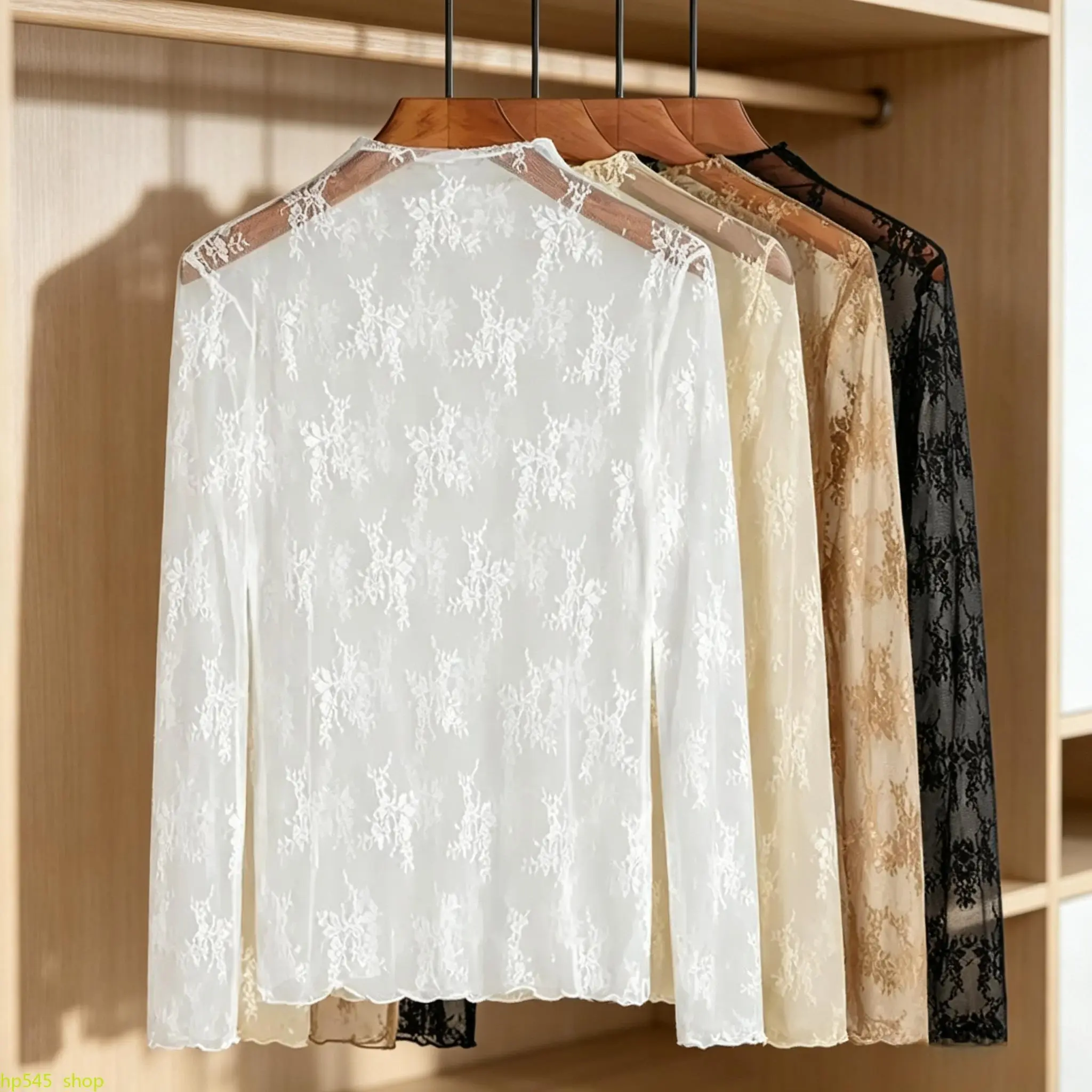 3-Pack Tops for Women (Black, White & Coffee), Sheer Floral Embroidered Lace Long Sleeve Mock Neck Blouse, See Through Mesh Layering Top, Y2K Elegant Lace Undershirt, Hollow Out Floral Lace Shirt, Casual Sheer Cover Up, Slim Fit Long Sleeve Lace Blouse tr