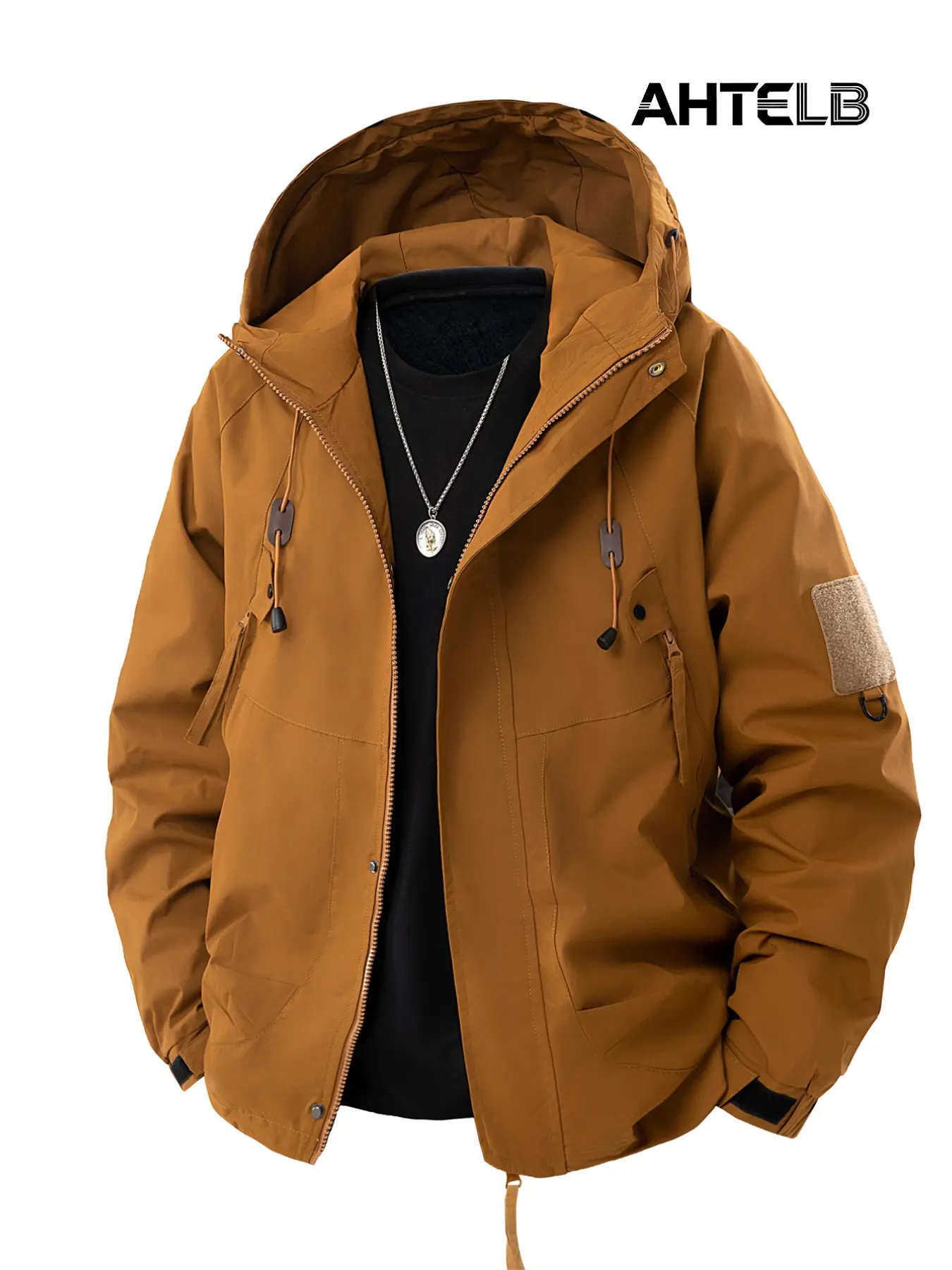 Ahtelb Men's Functional Work Jacket, Unisex Y2K Windproof Reflective Hoodie, Loose-Fit Long Sleeve Outerwear, Outdoor Casual Coat, Colorblock Hooded Jacket